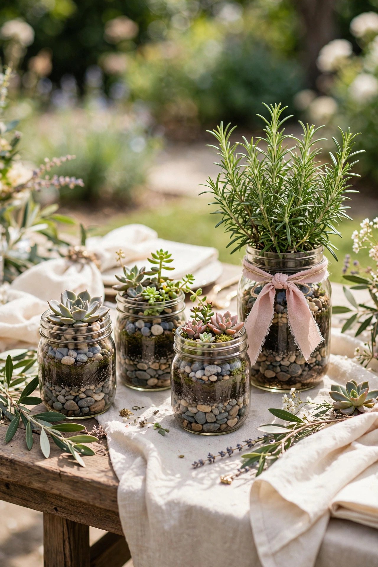 Mason jar terrariums with succulents and herbs as wedding centerpieces