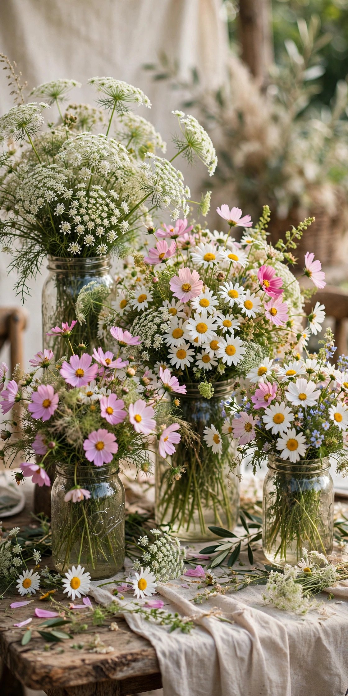 Mason jars overflowing with fresh wildflowers and roses as wedding centerpieces
