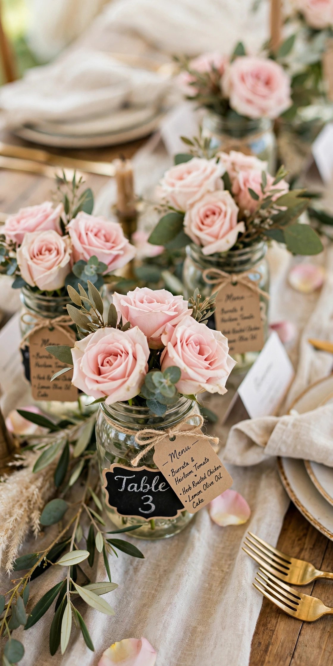 Mason jars with chalkboard labels and table numbers at a wedding reception