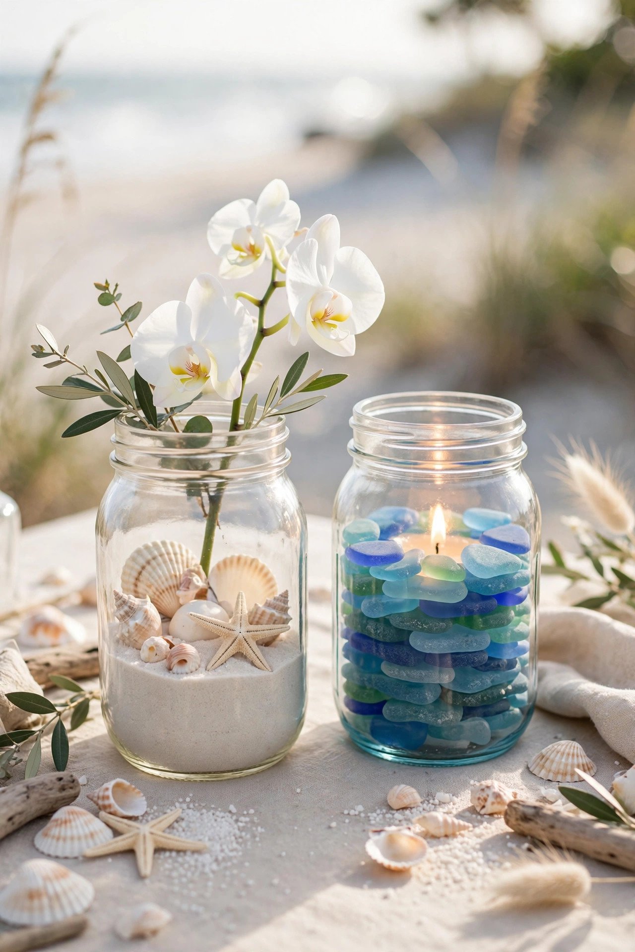 Coastal mason jars with sand shells and starfish as beach wedding centerpieces