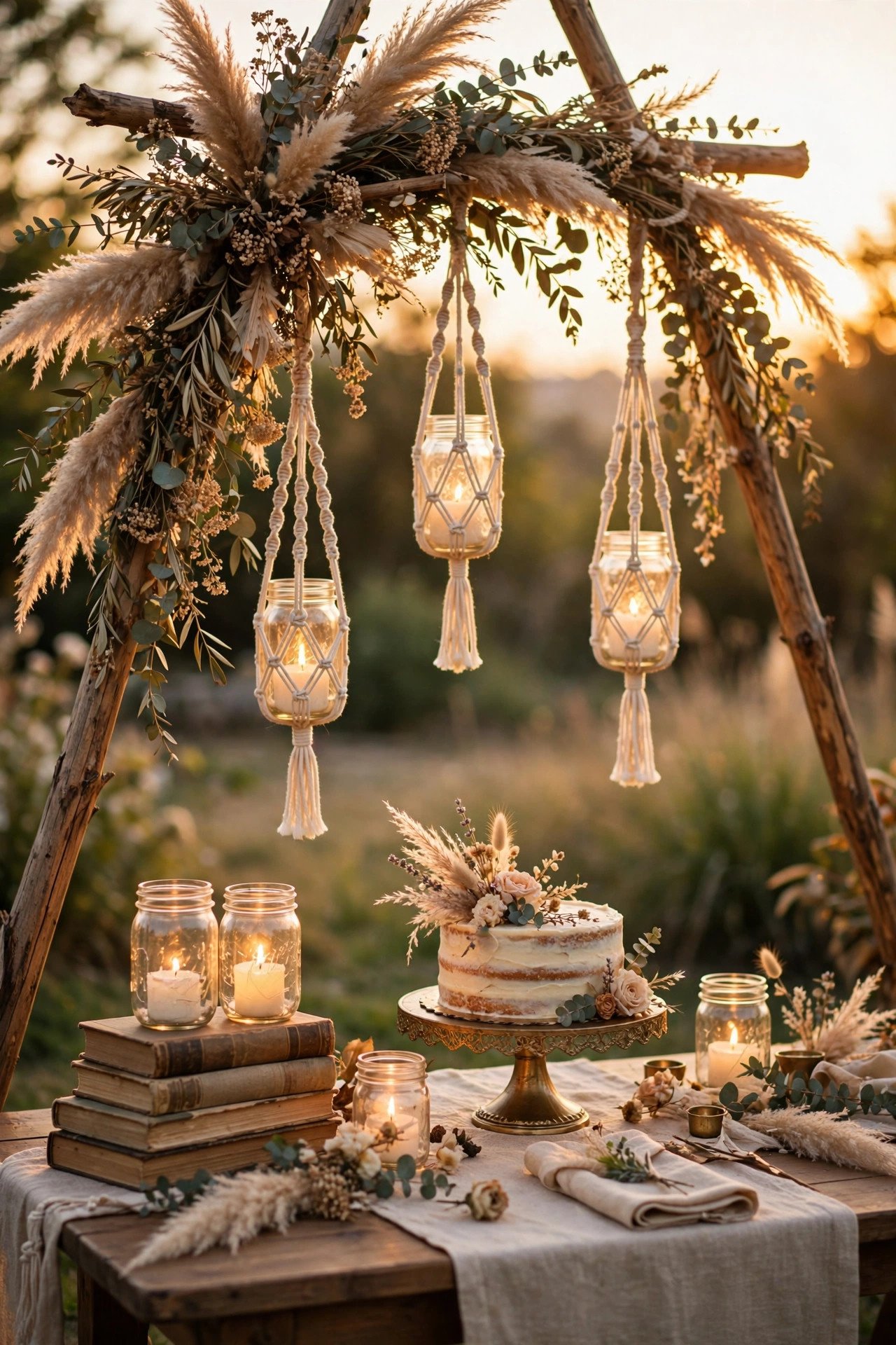 Mason jars hanging in macrame holders and elevated on stands as wedding decor