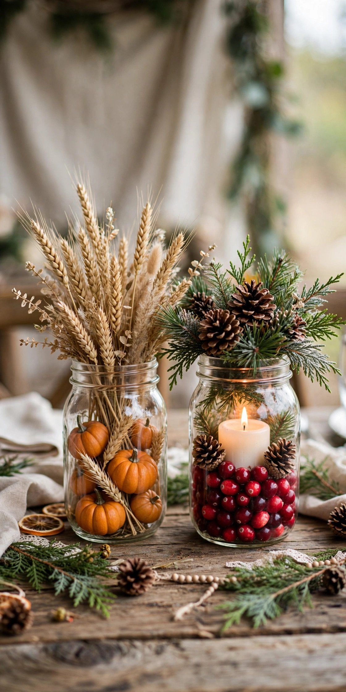 Seasonal mason jar centerpieces with wheat pumpkins and pinecones for fall and winter weddings