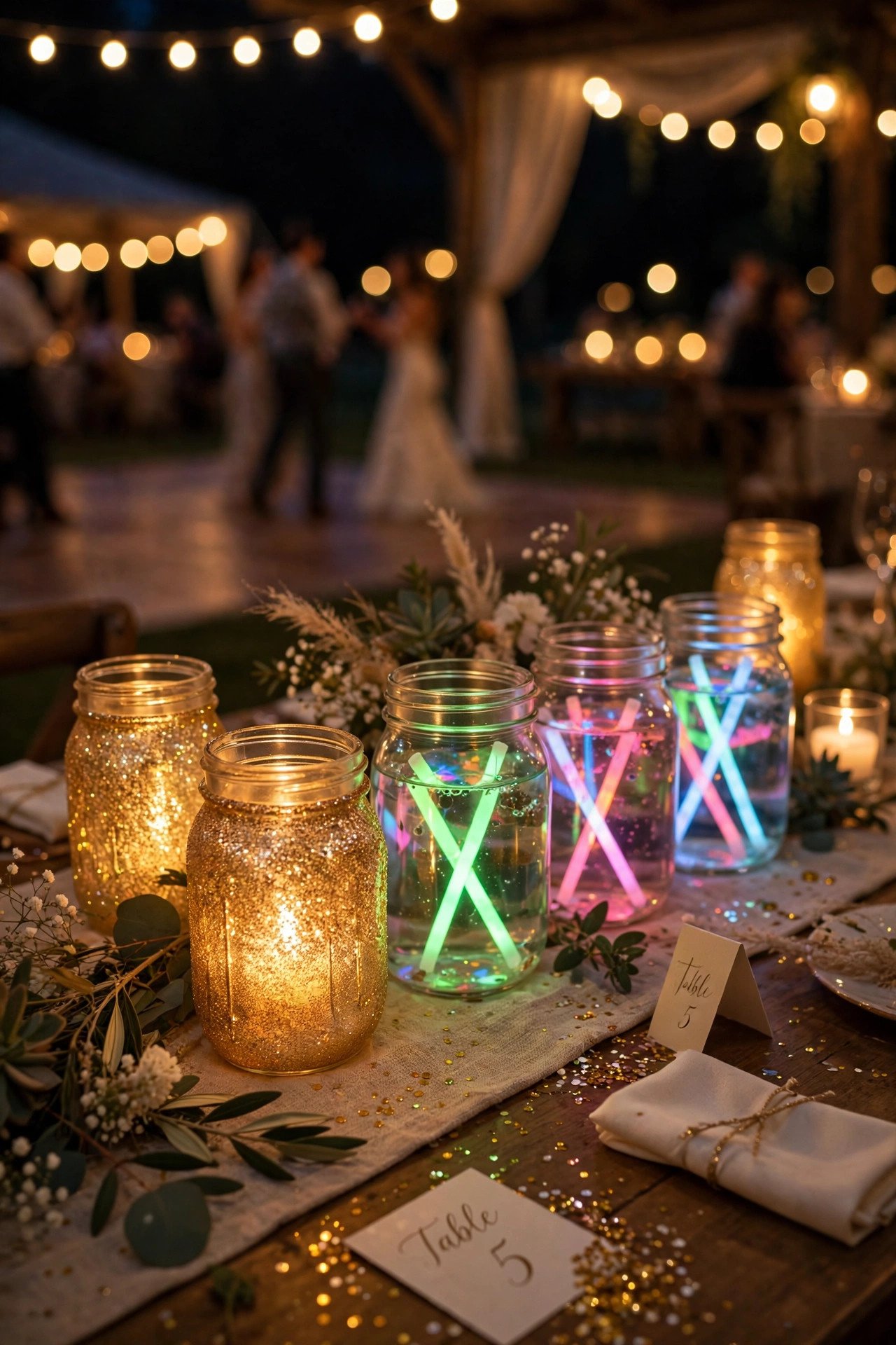 Glitter mason jars glowing on wedding tables near the dance floor at night