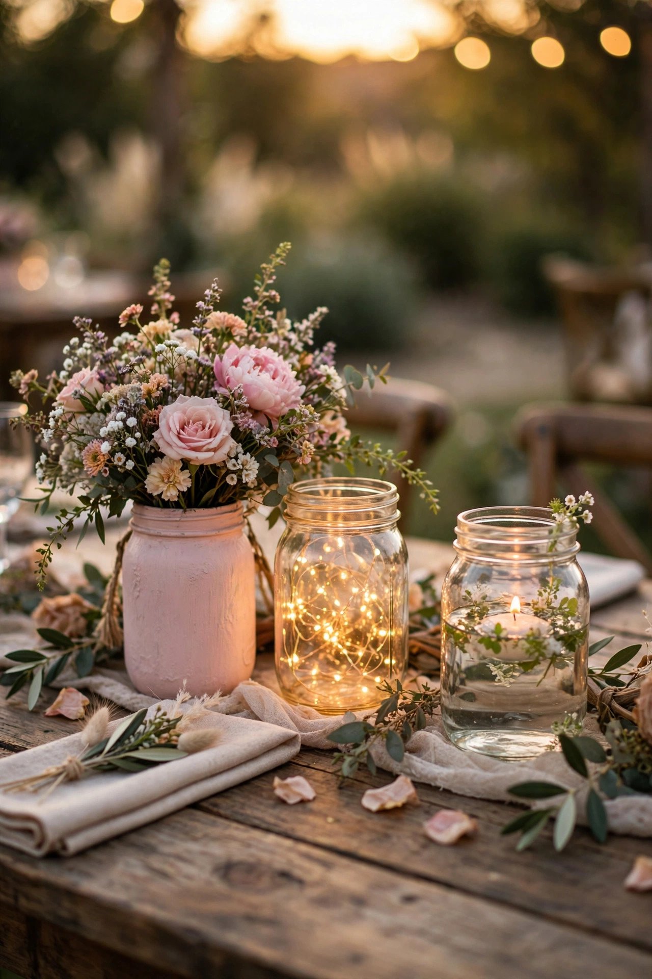 Mason jar wedding centerpieces with flowers and candles on a rustic reception table