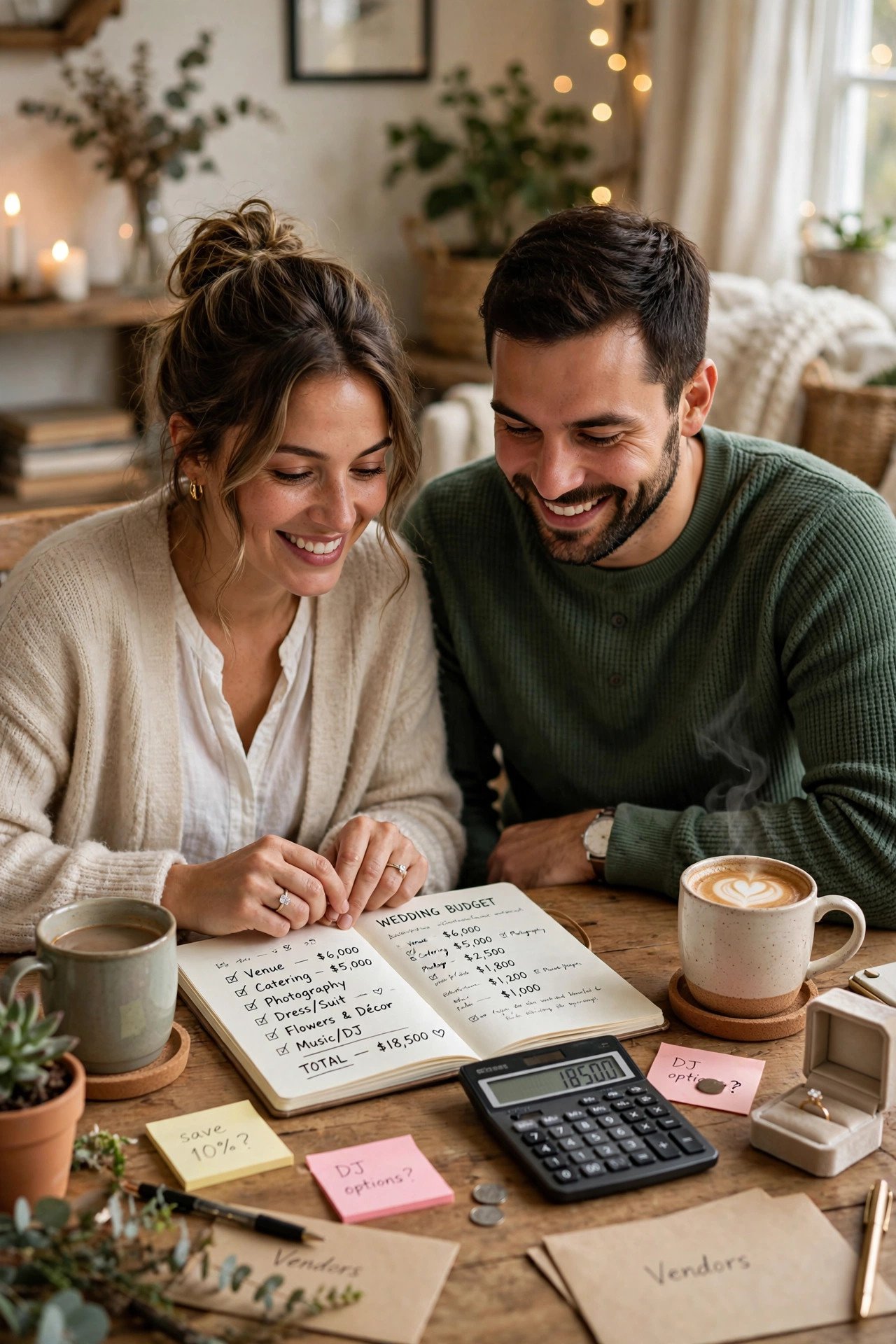 Couple planning a $5000 wedding budget with a notebook and calculator