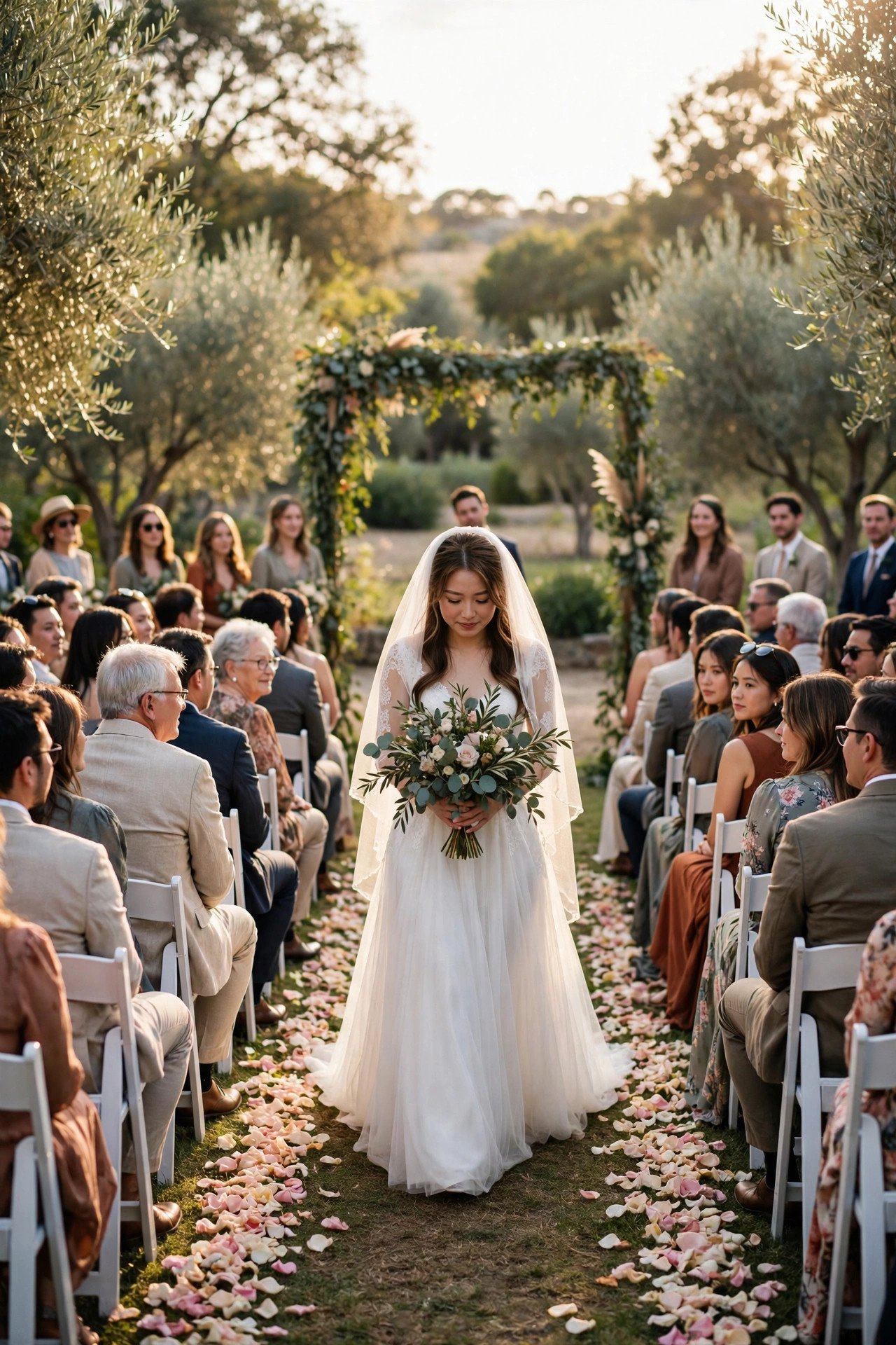 Intimate wedding with 50 guests seated at a small outdoor ceremony