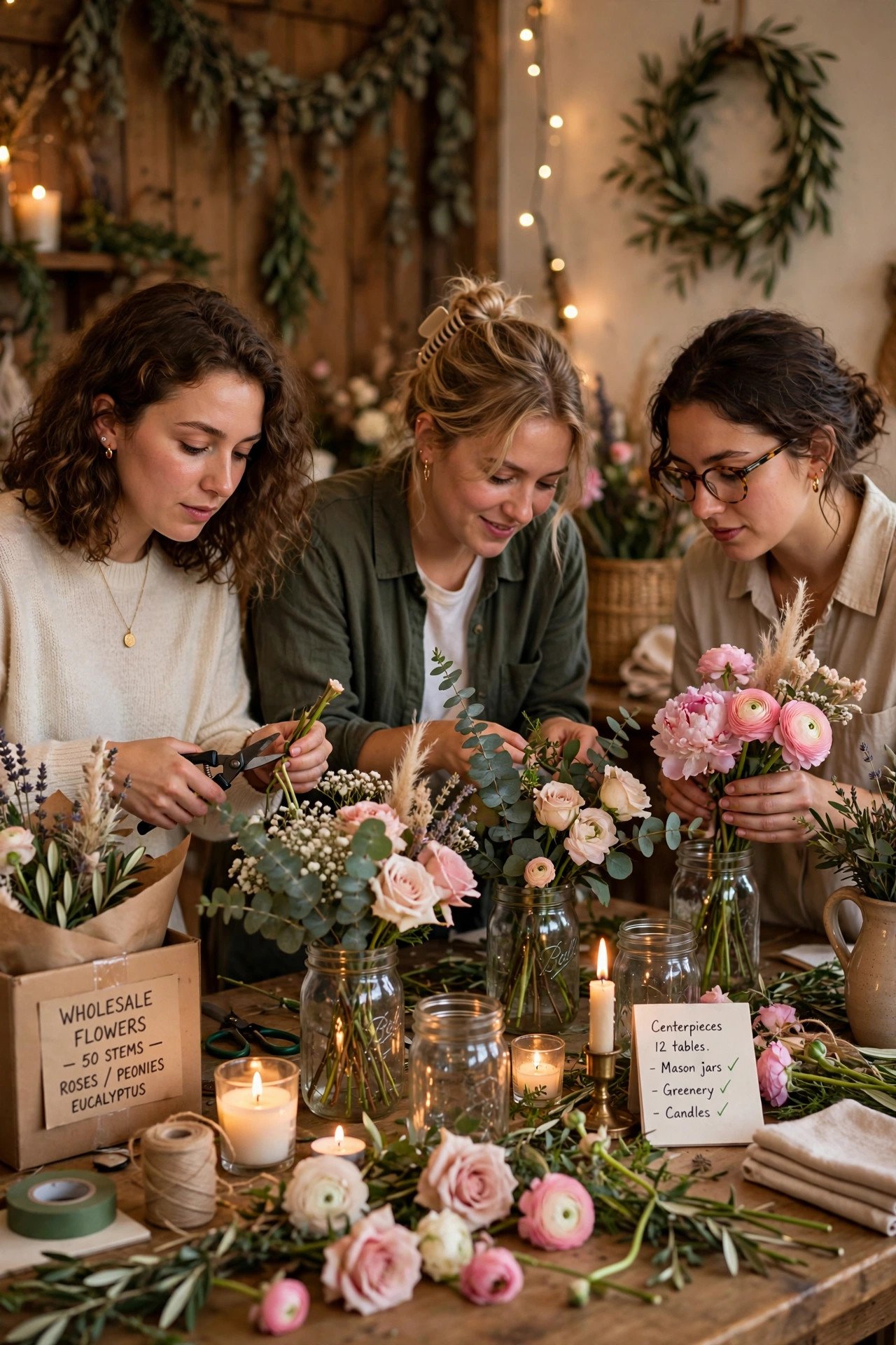 DIY wedding decor with wholesale flowers and candles on reception tables