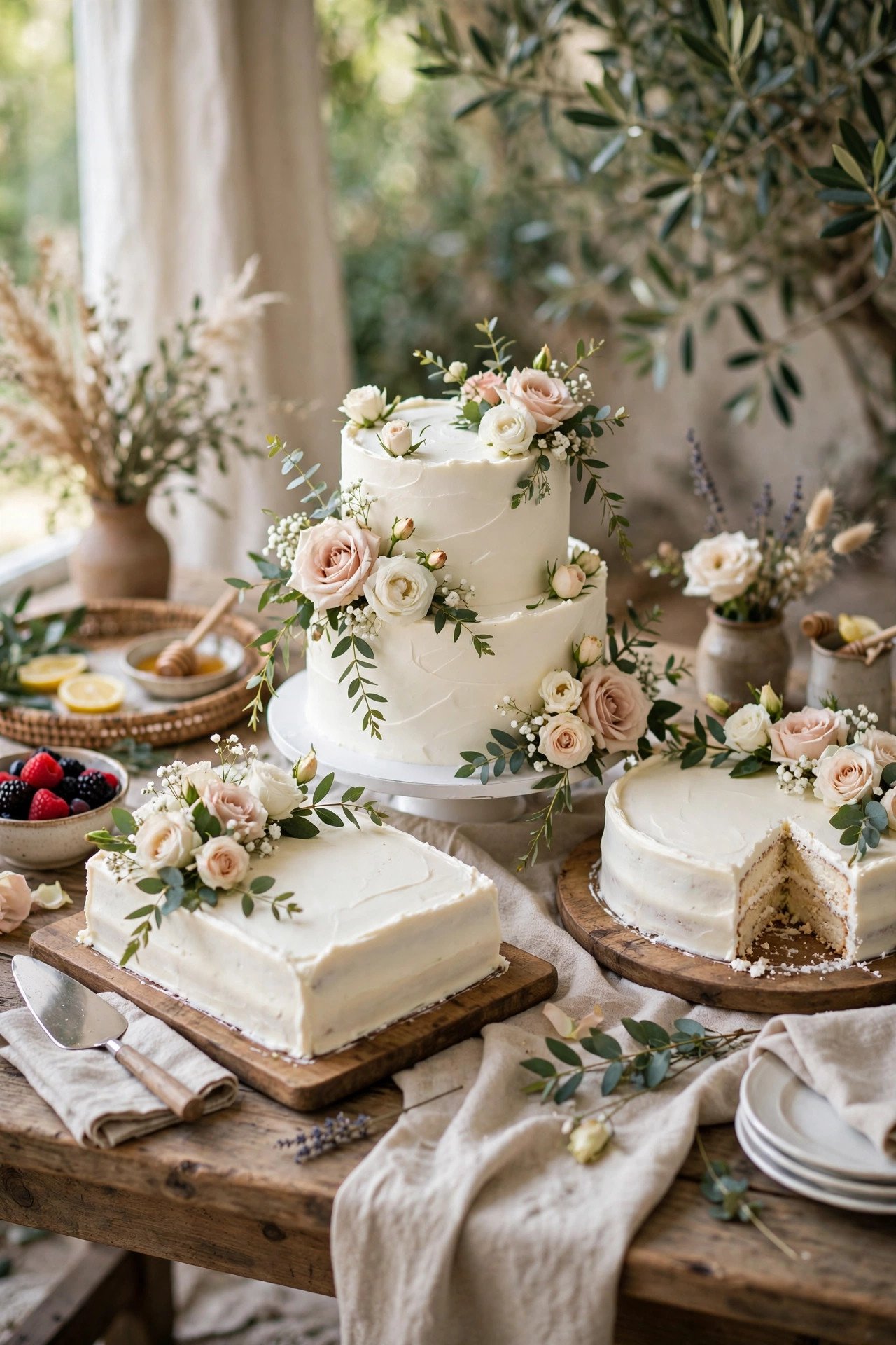 Small elegant wedding cake for cutting with sheet cake for serving guests
