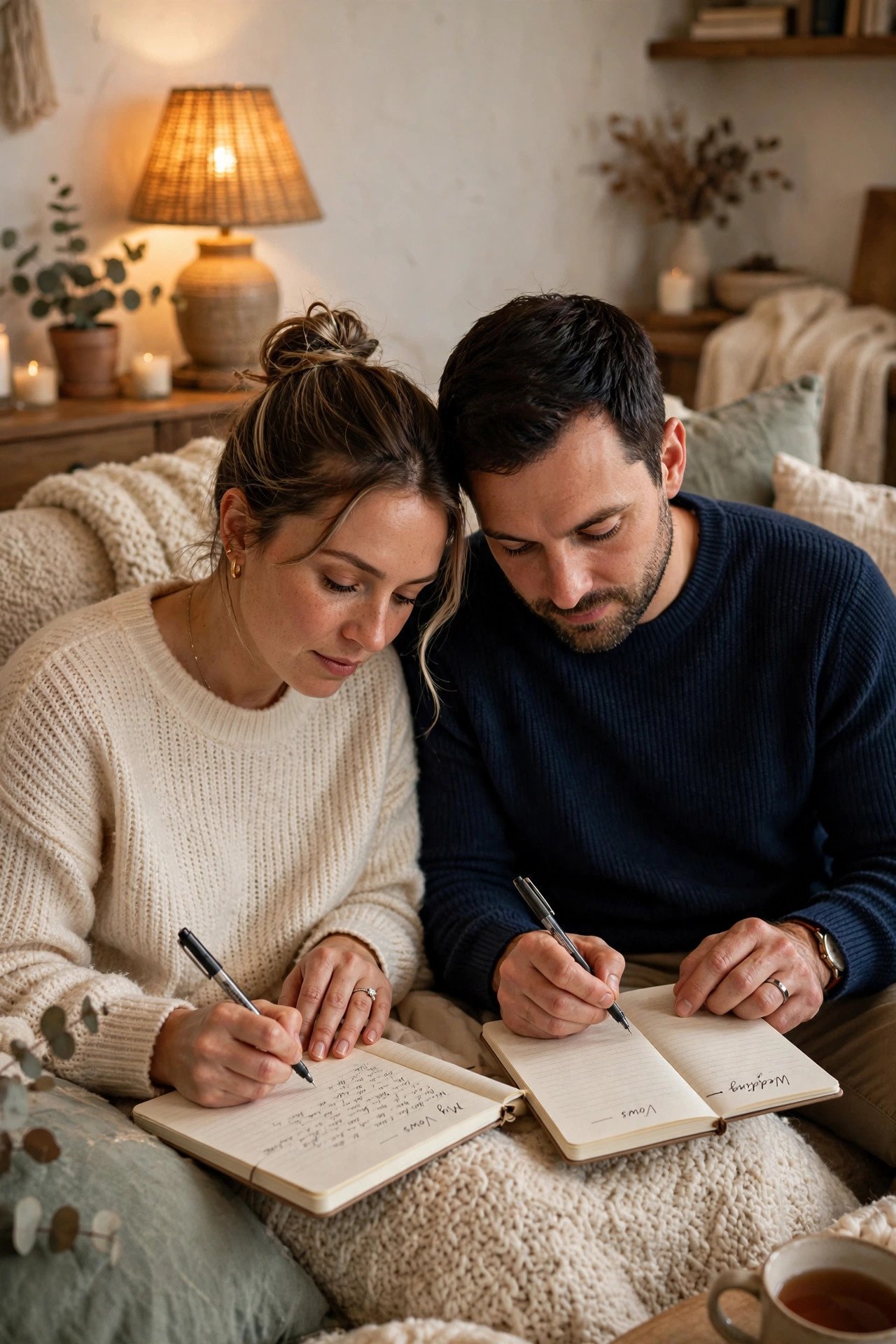 Couple writing wedding vows together in notebooks at home