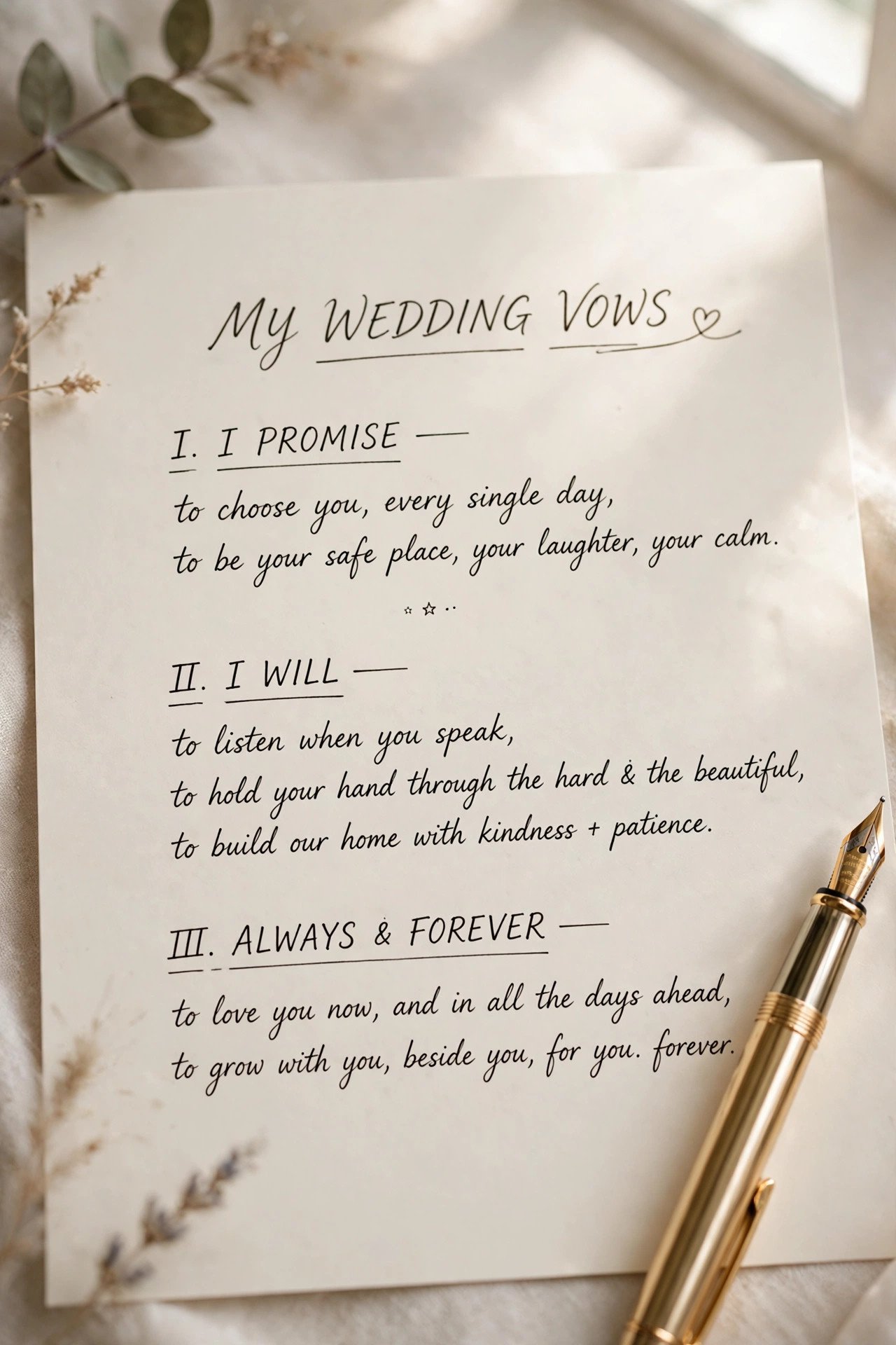 Handwritten wedding vows showing the three part structure on paper