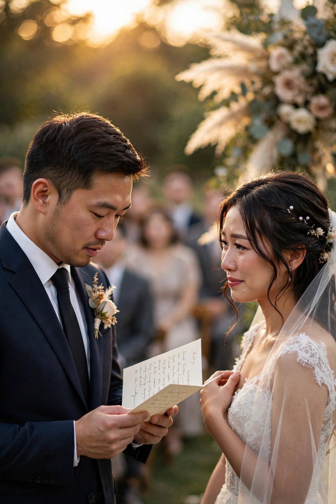 Groom reading wedding vows from a card during an outdoor ceremony