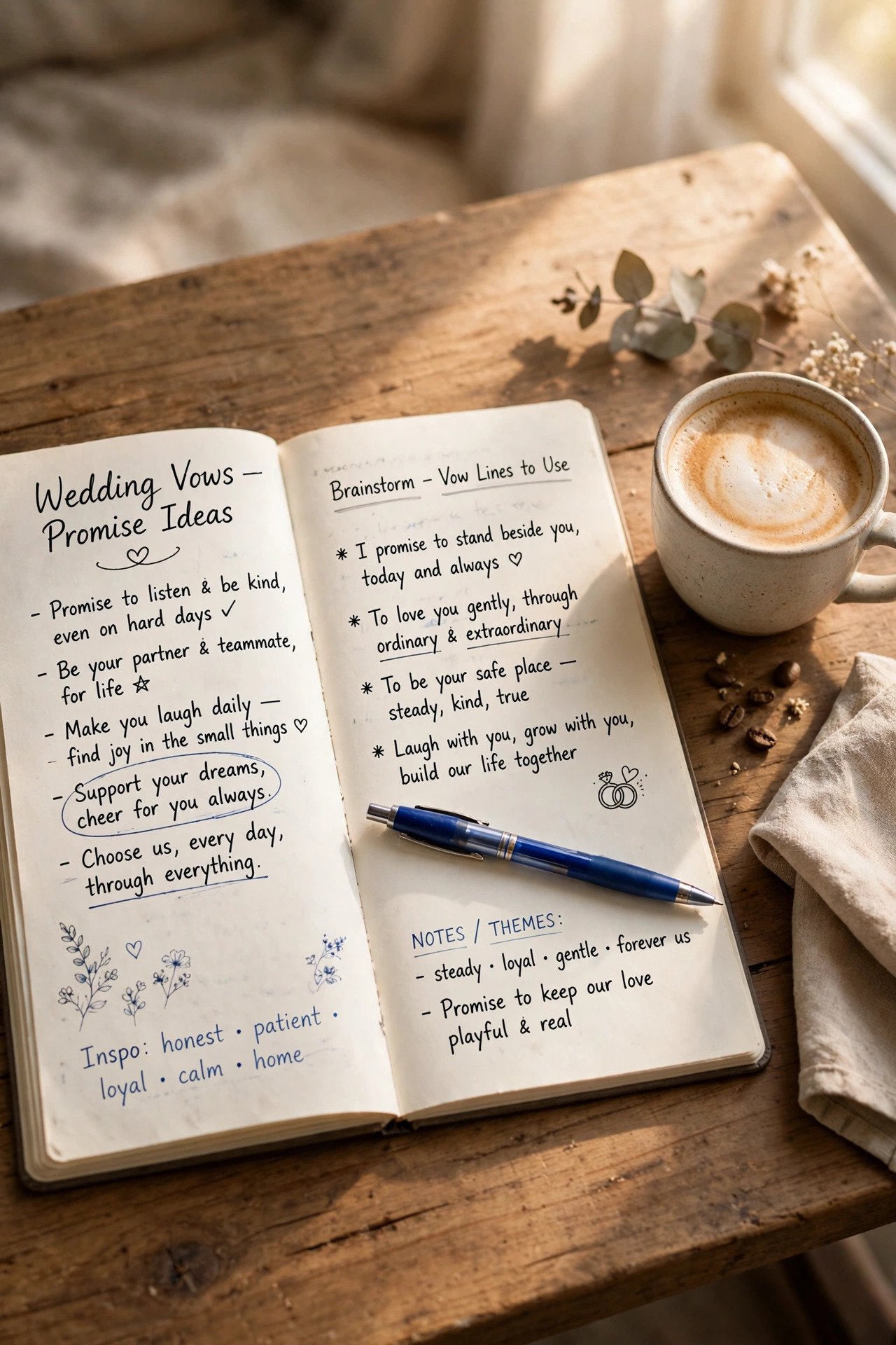 Notebook filled with wedding vow promise ideas and drafts