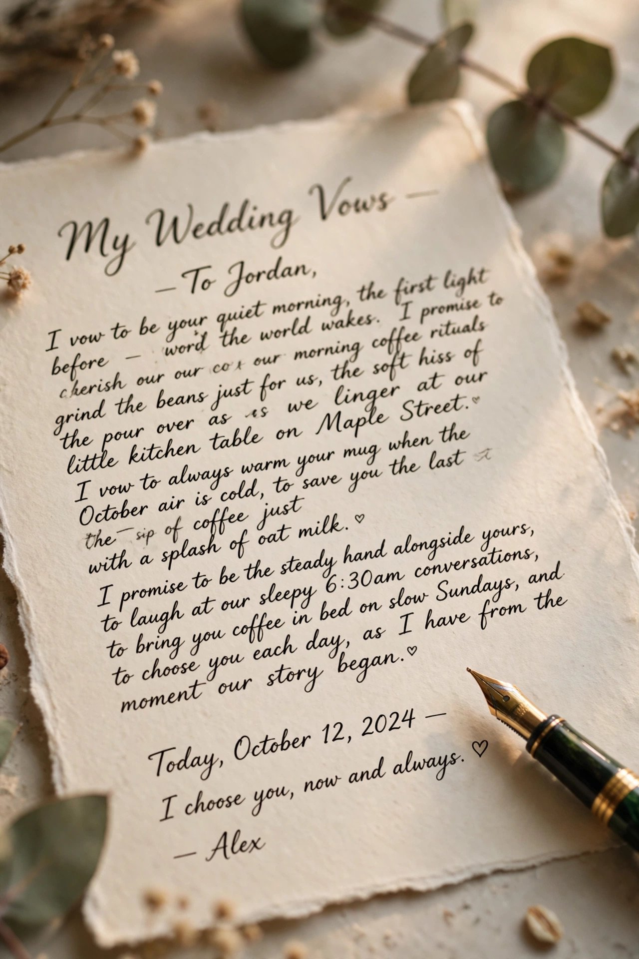 Close-up of handwritten wedding vows with personal specific details