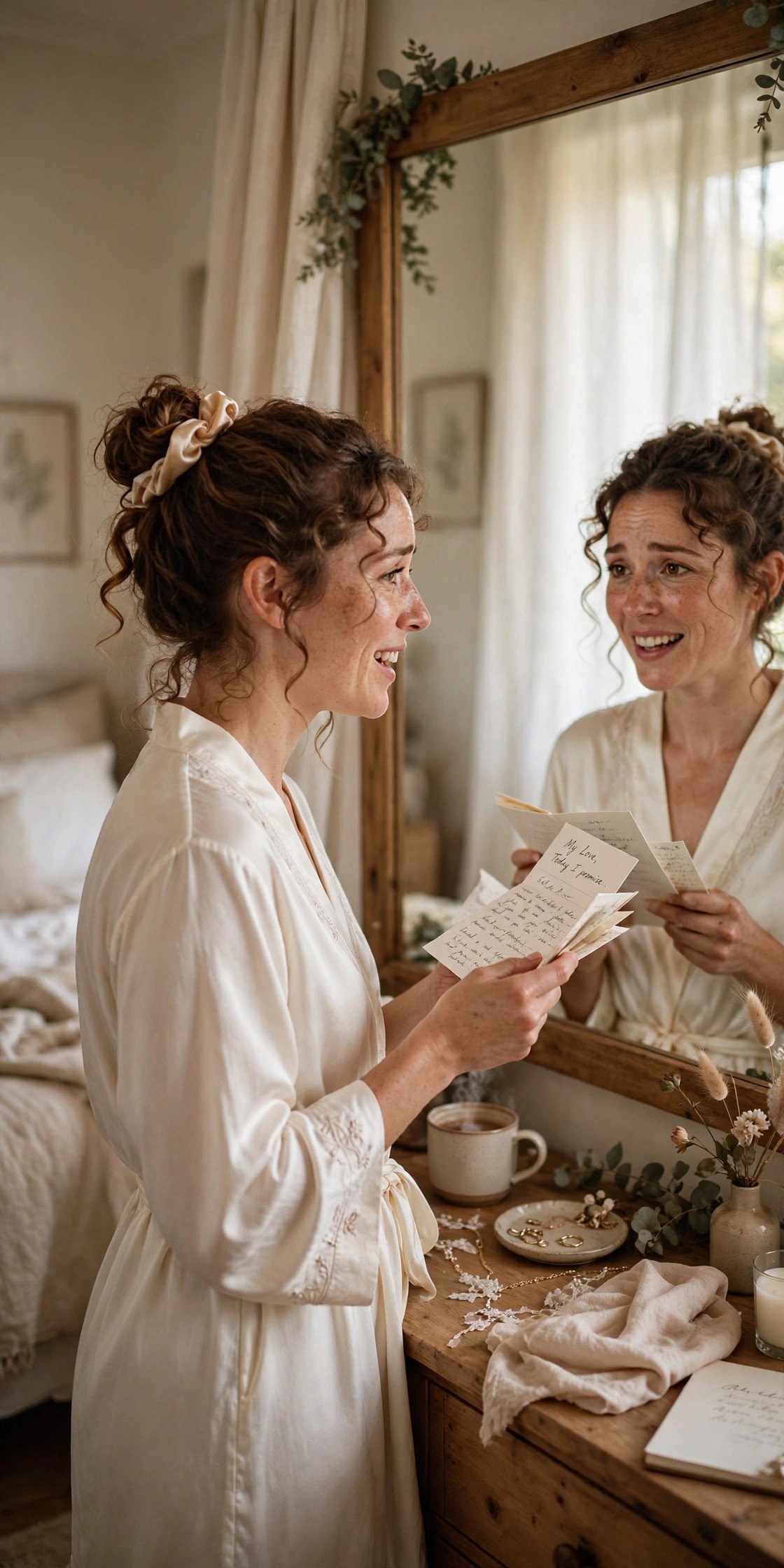 Bride practicing reading wedding vows aloud in front of a mirror