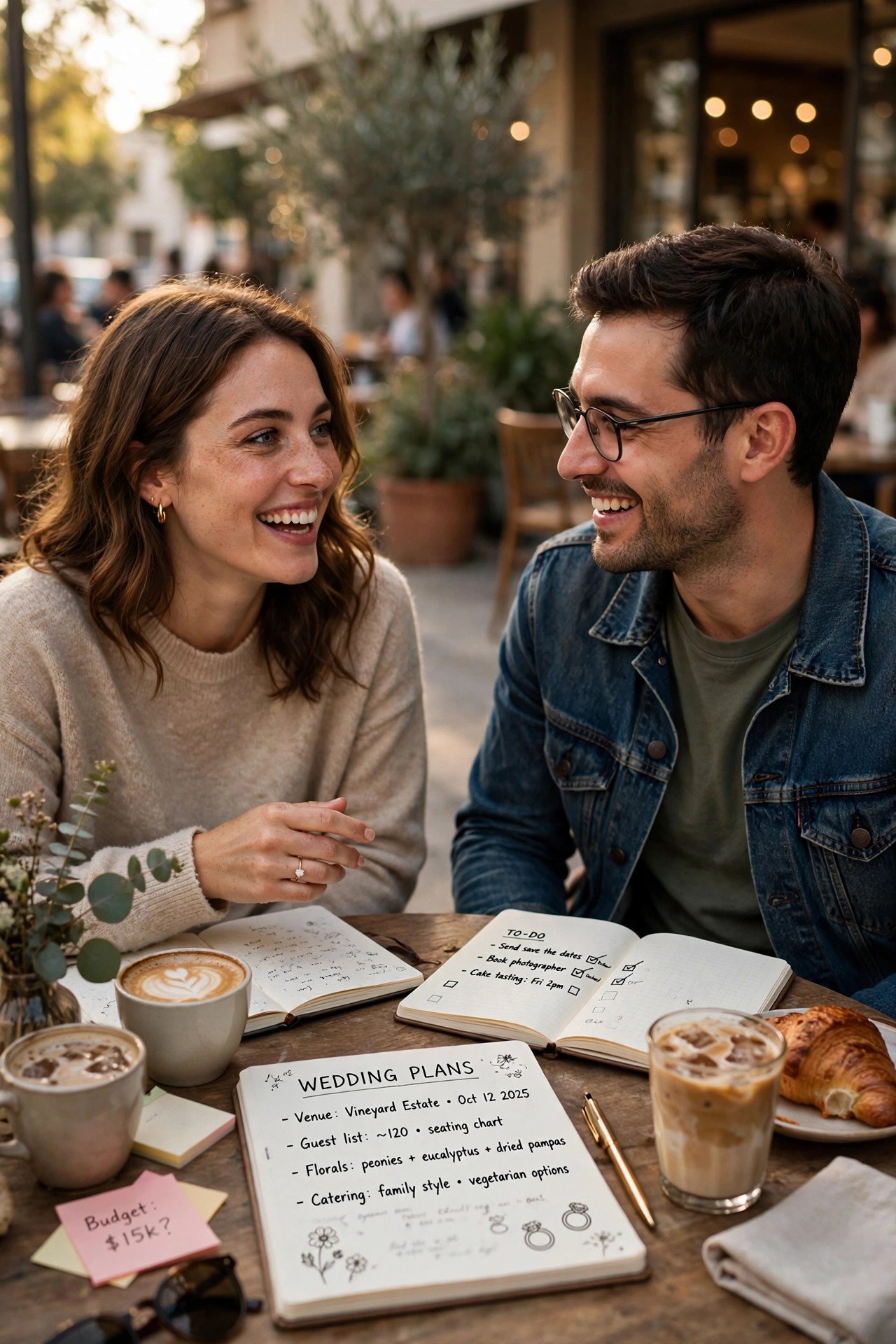 Couple discussing wedding vow format together before writing separately