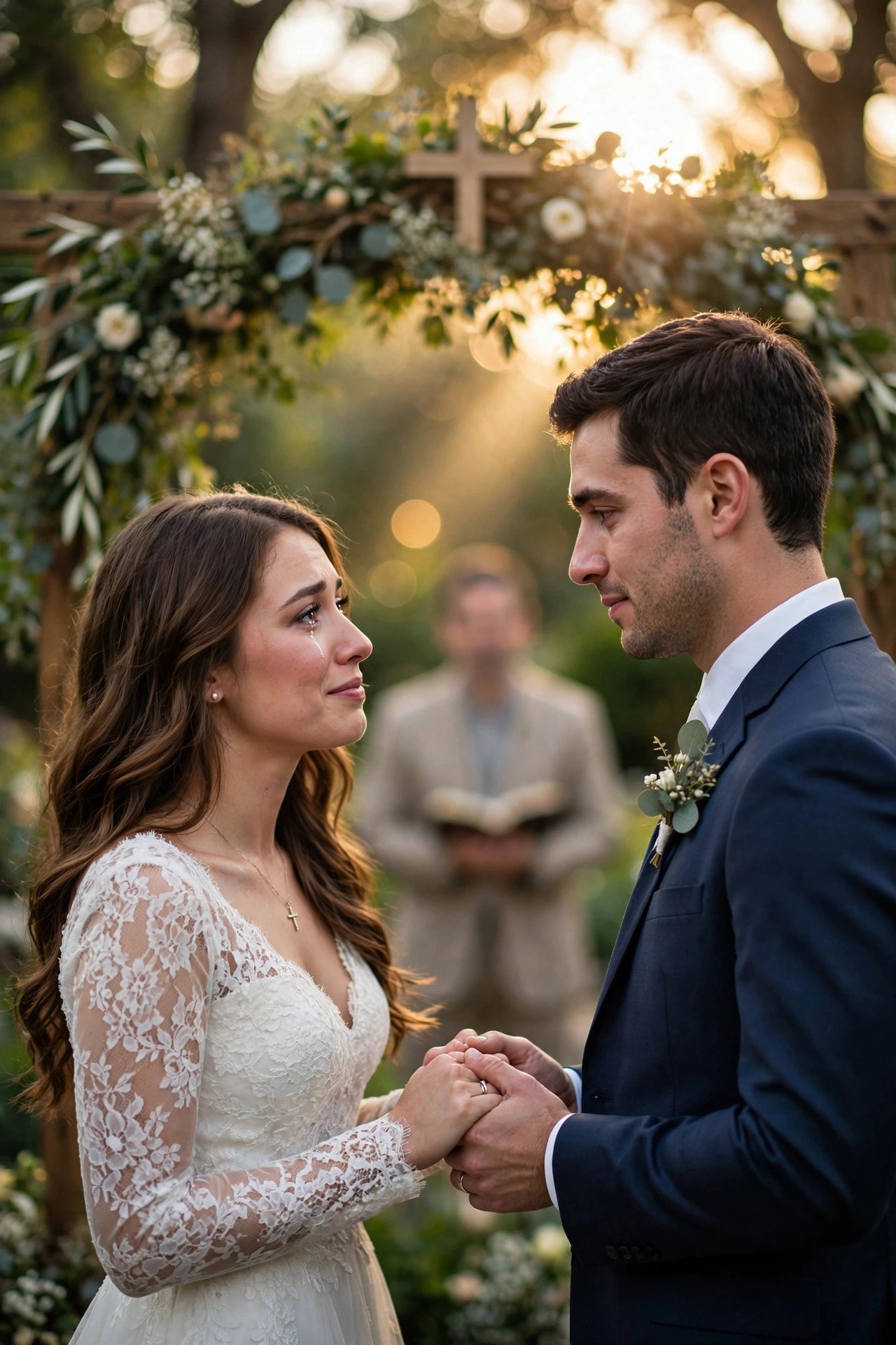 Couple holding hands during a faith-centered wedding vow exchange