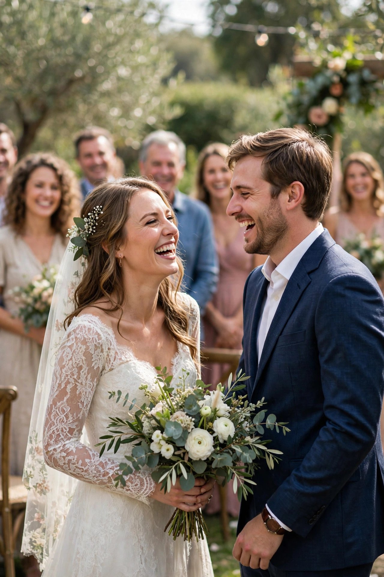 Bride and groom laughing together during their wedding vow exchange