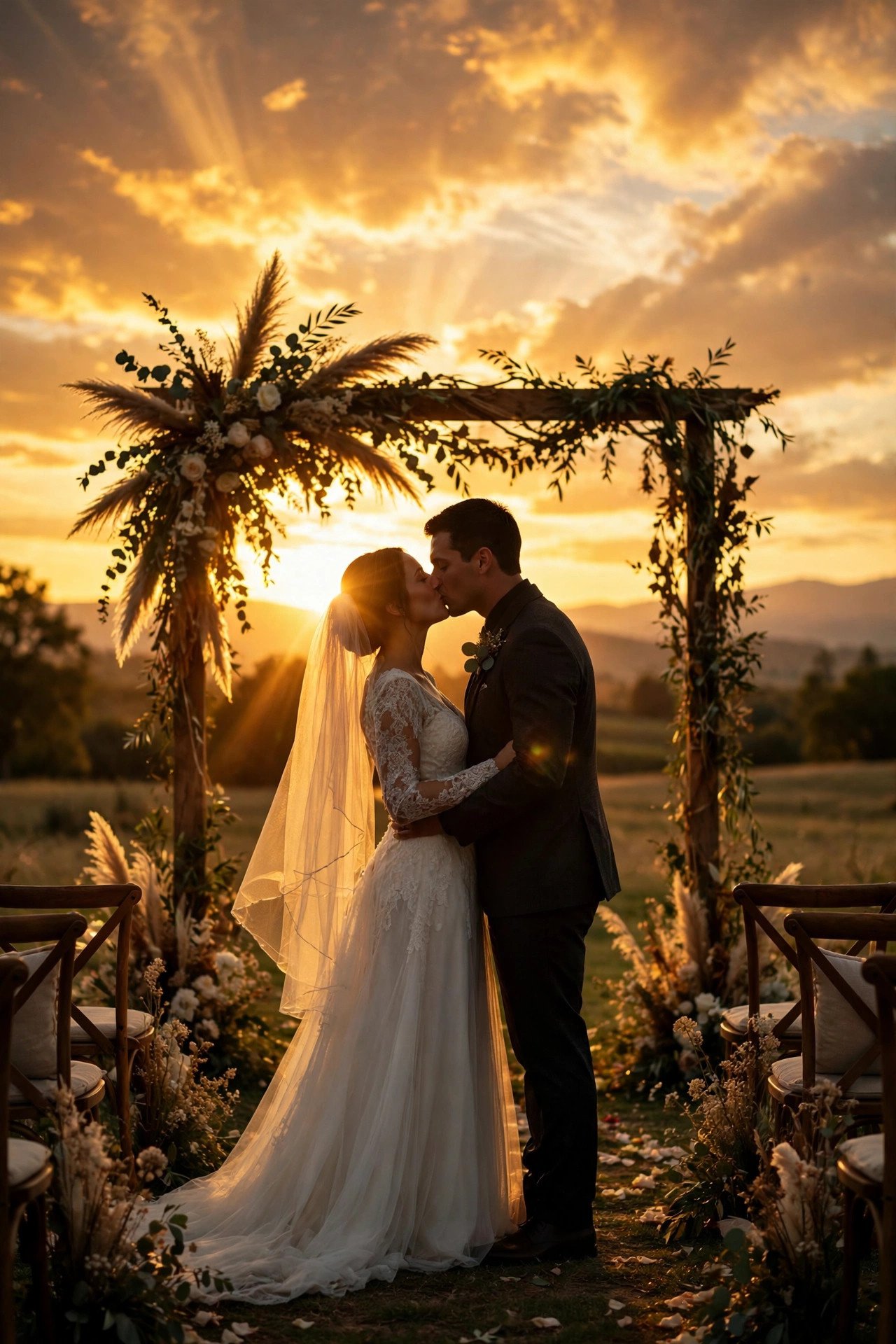 Newlywed couple kissing after exchanging wedding vows at sunset ceremony