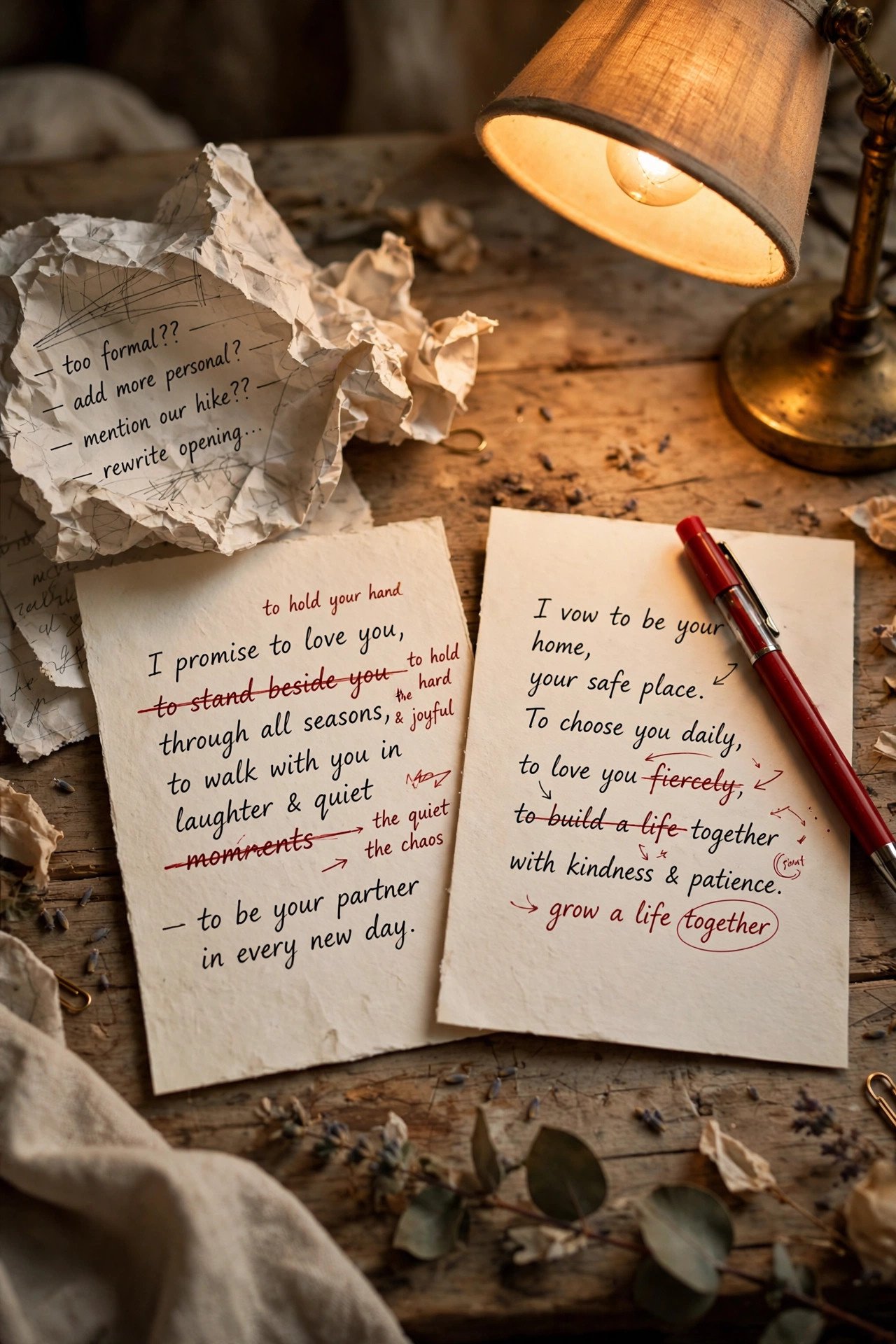 Wedding vow cards with a red pen editing out mistakes