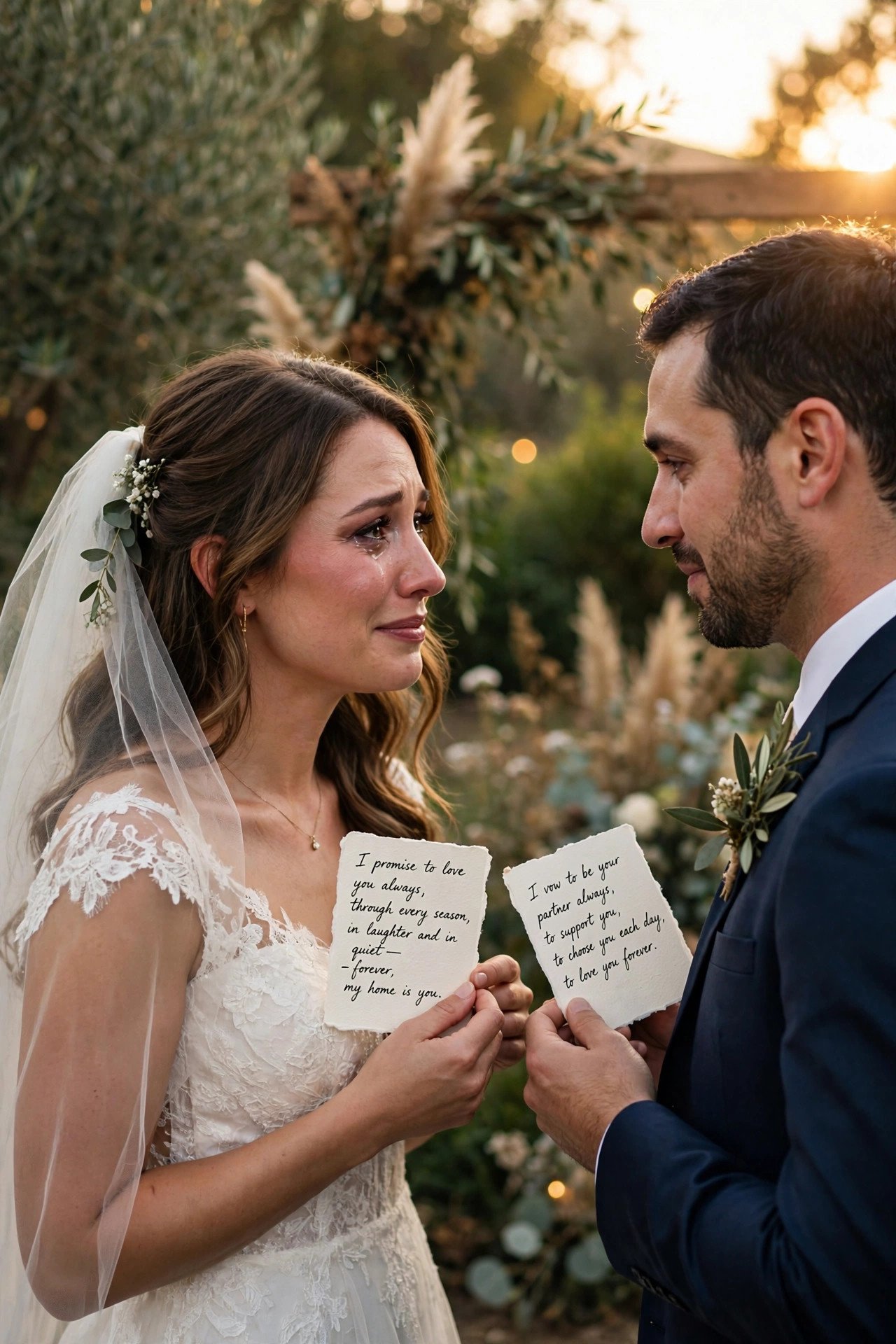 Bride and groom exchanging handwritten wedding vows at their ceremony
