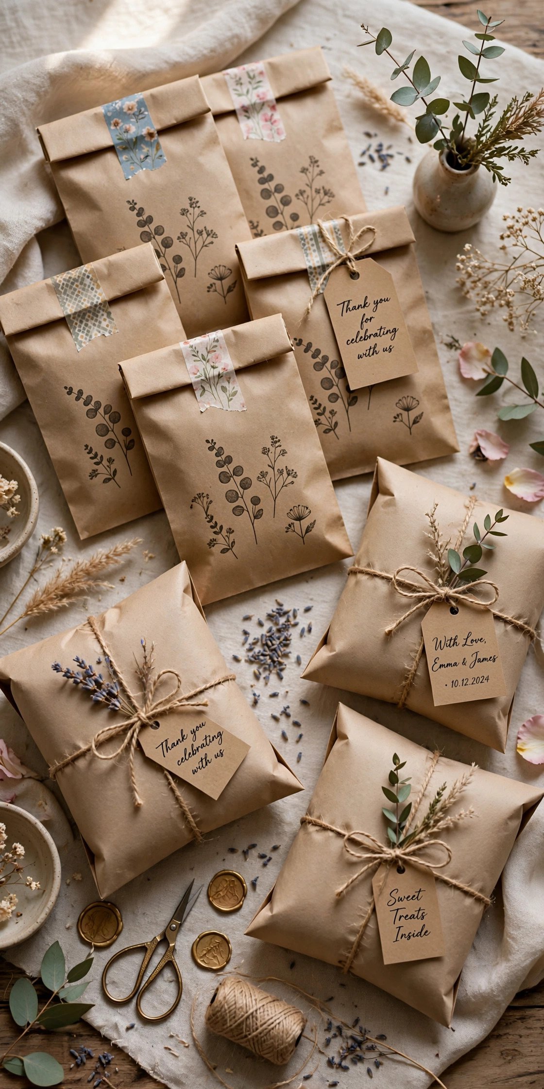 DIY wedding favor bags and small keepsake boxes with personalized tags