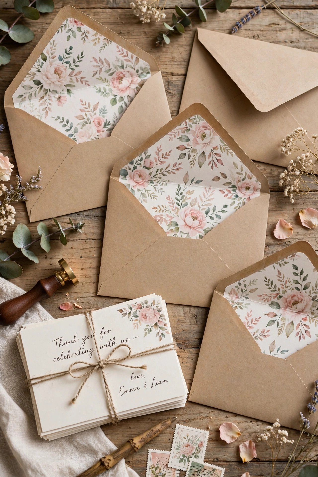 DIY wedding invitation envelopes with liners and thank you cards