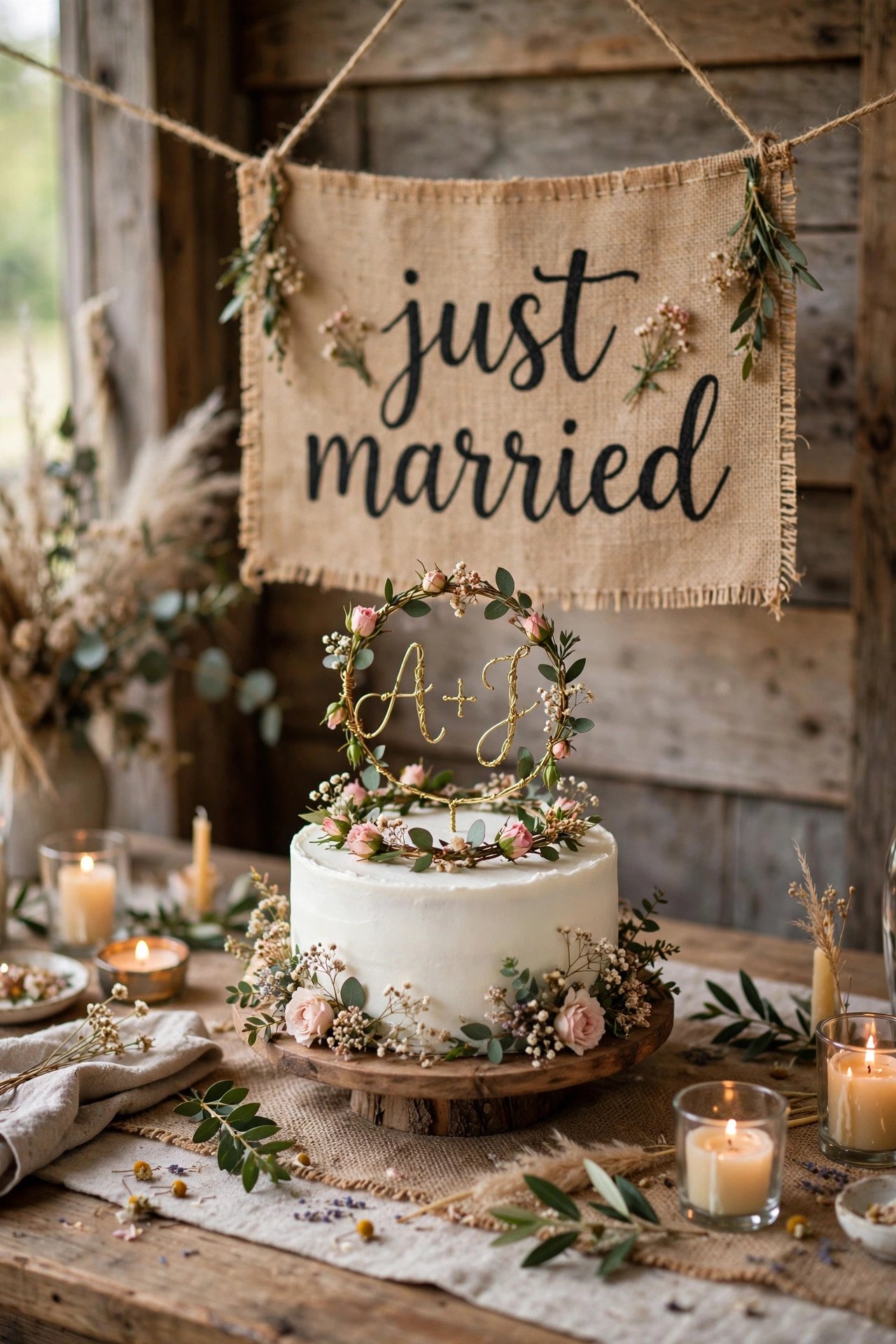 DIY wedding cake topper and just married banner made with craft supplies