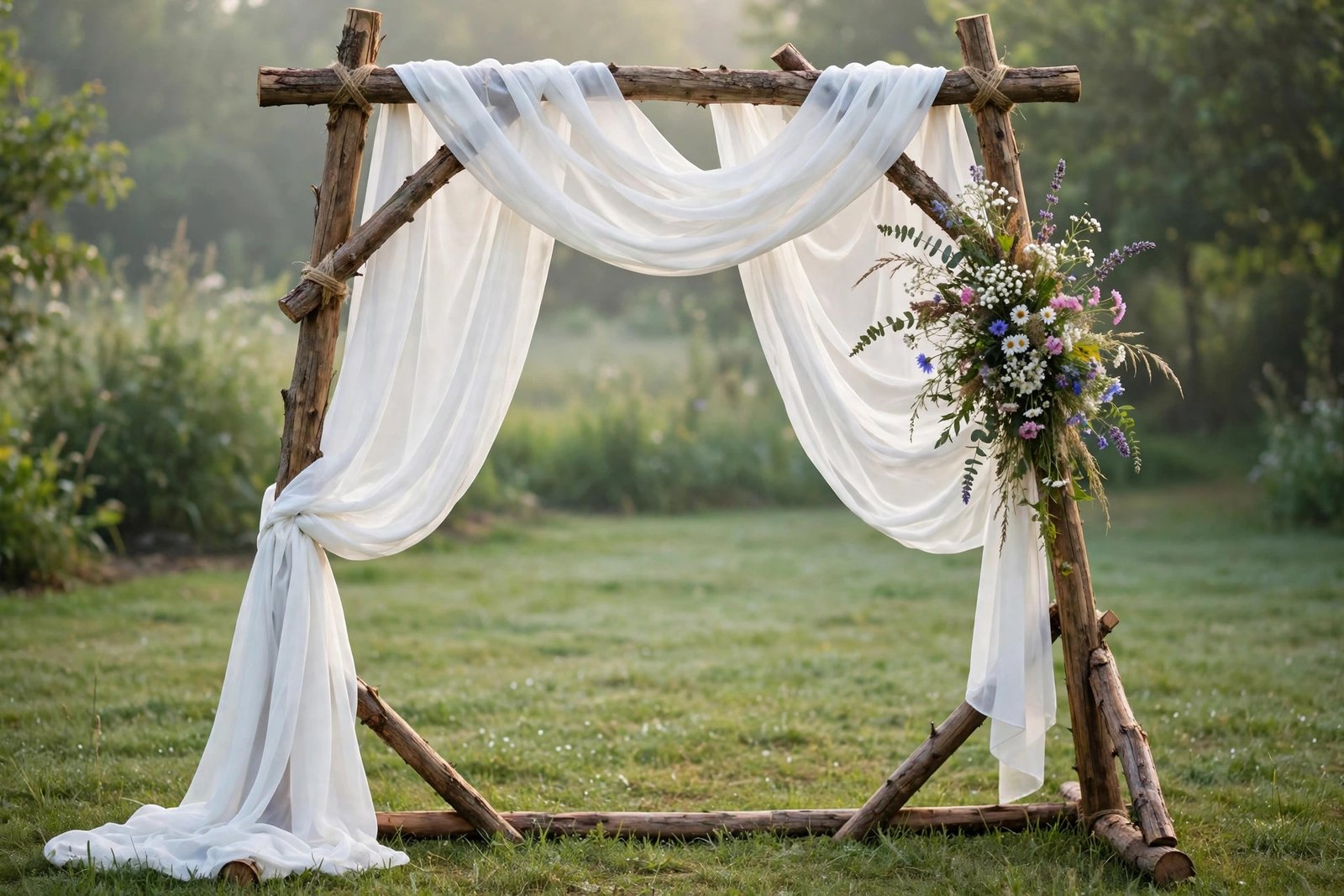 Rustic wooden wedding ceremony arch draped with white chiffon and a wildflower cluster