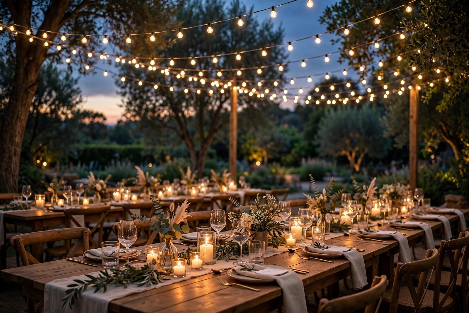 Warm string lights hung over an outdoor wedding dining area at dusk