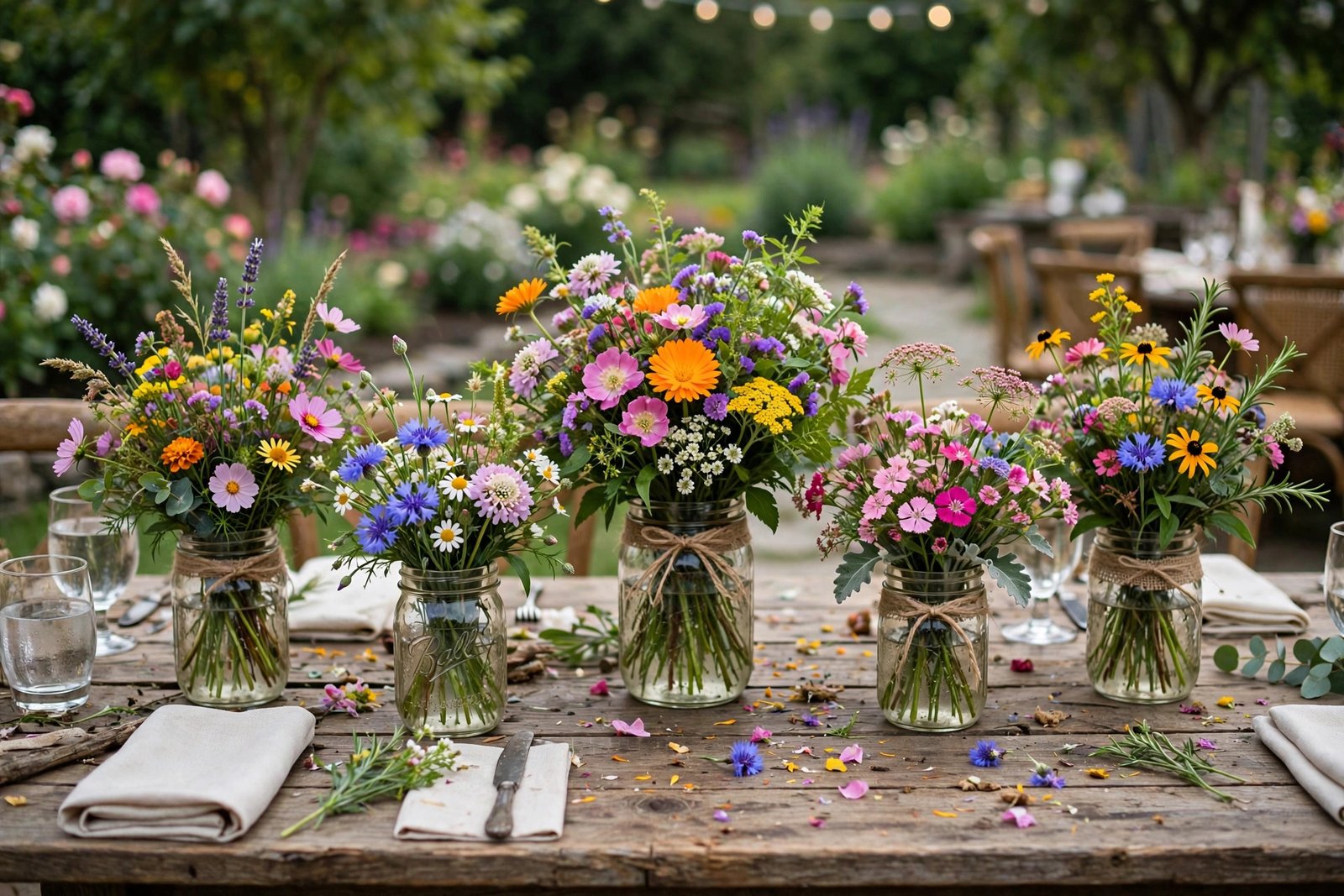 Ceremony flower arrangements repurposed as centerpieces in mason jars on a reception table