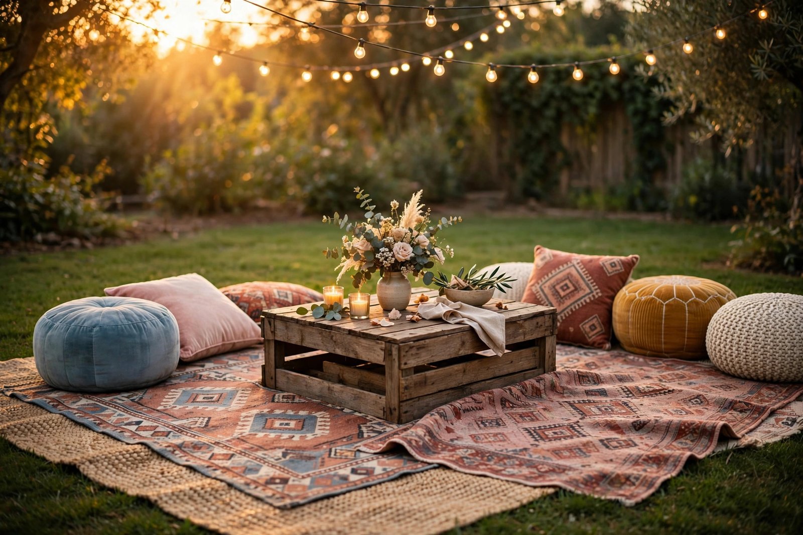 Cozy outdoor wedding lounge corner with layered rugs, floor cushions and a wooden crate table