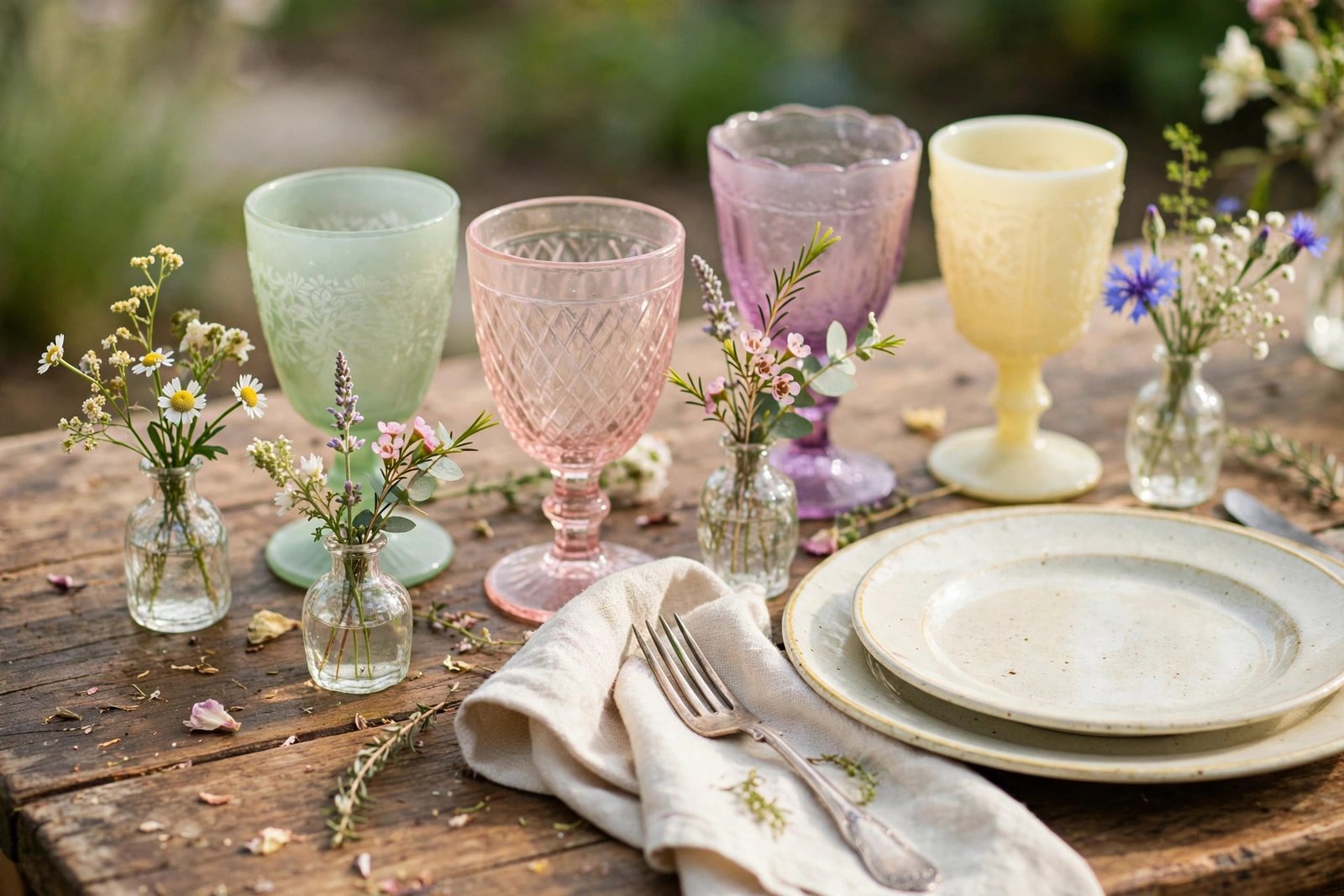 Mismatched thrifted vintage glassware in pastel tones on an outdoor wedding table