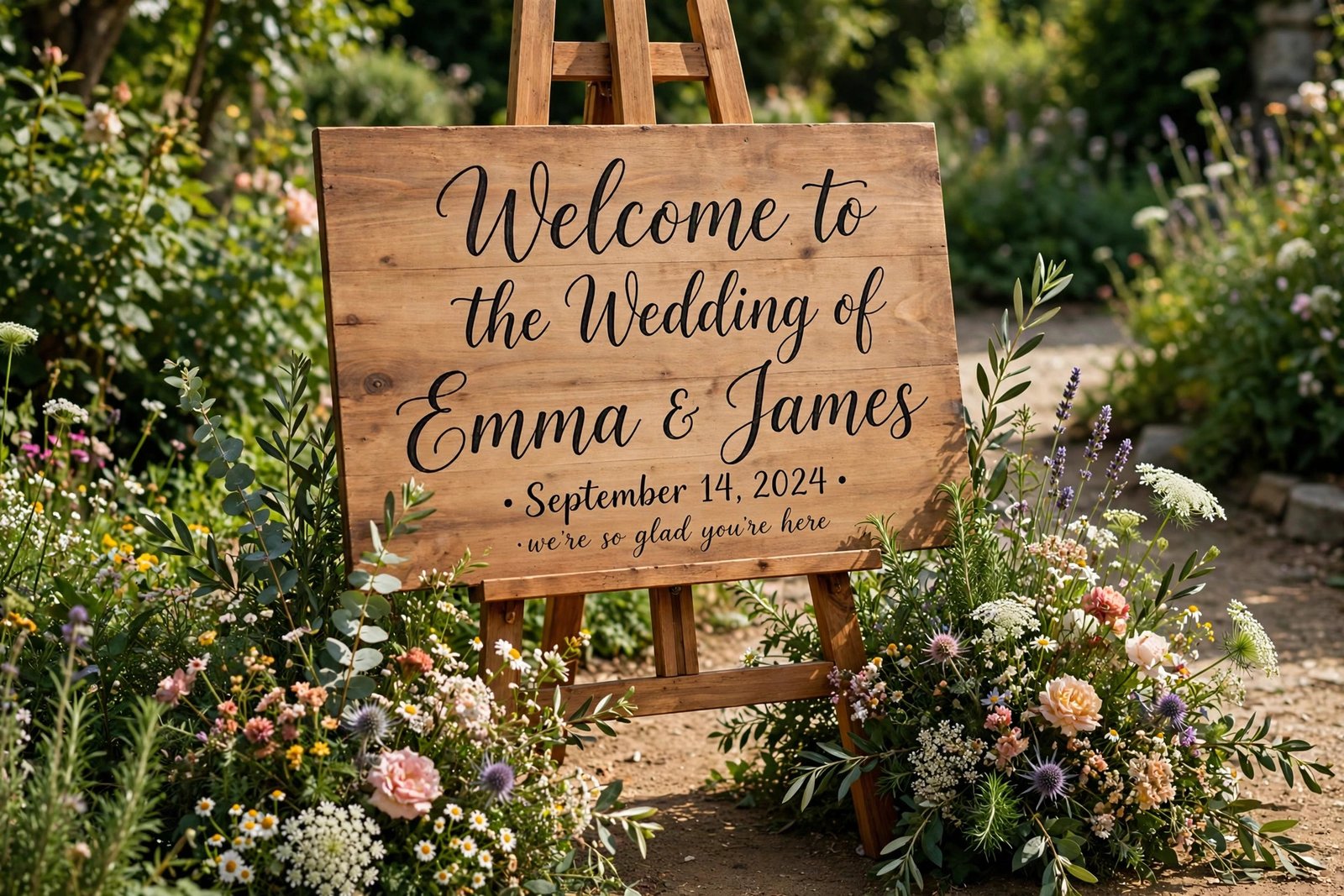 Hand-lettered wooden wedding welcome sign on an easel at an outdoor wedding entrance