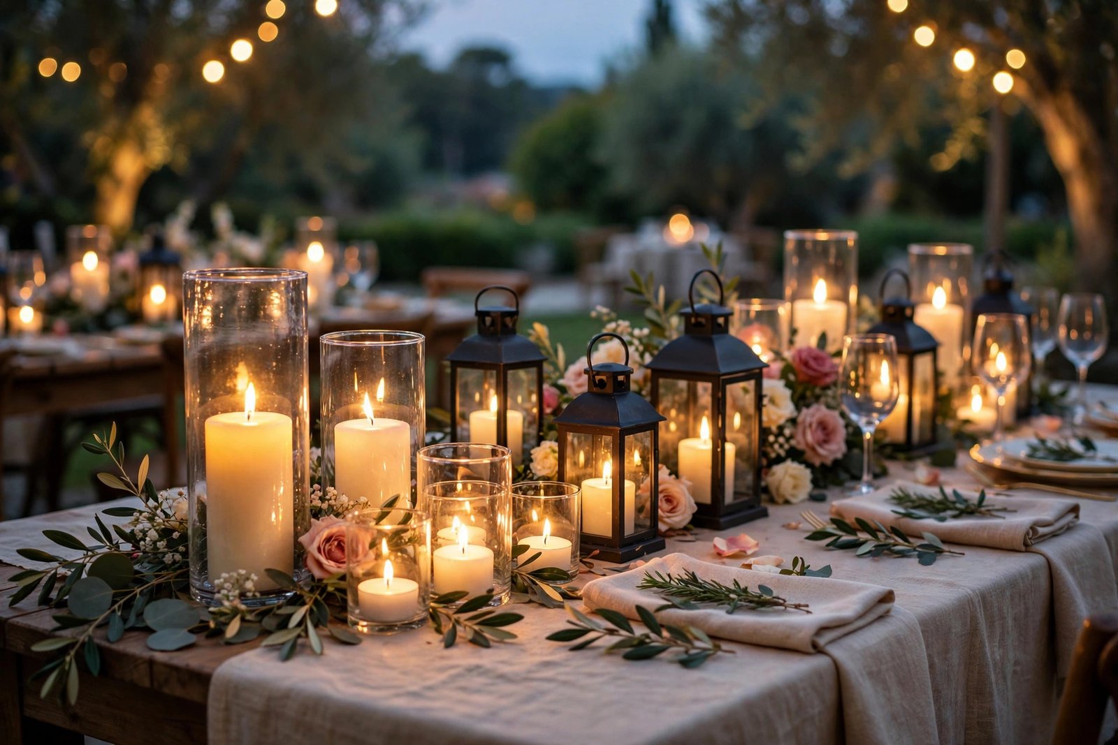 Clusters of lit candles in glass hurricanes and lanterns on outdoor wedding tables at dusk
