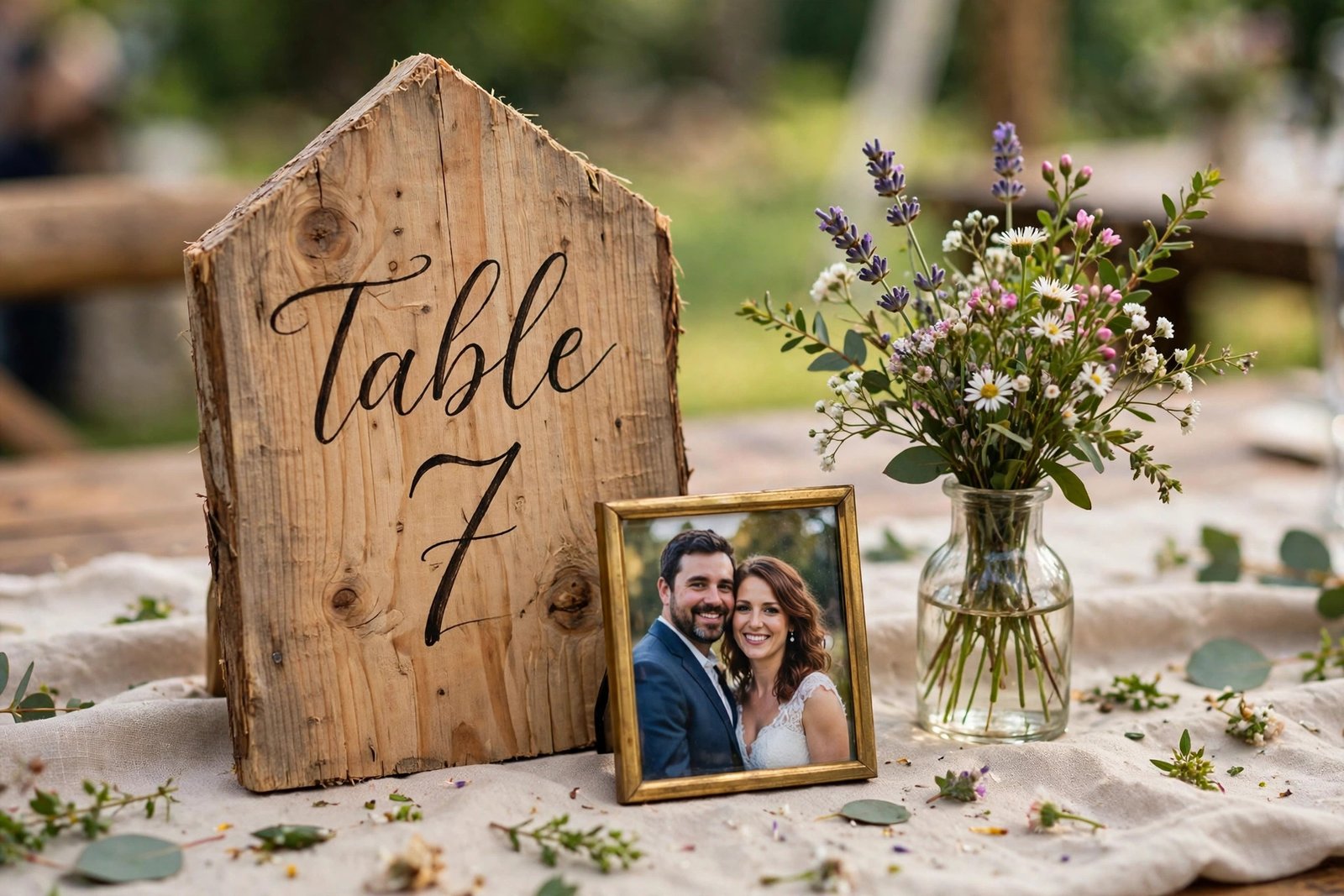 DIY wooden wedding table numbers with handwritten calligraphy, a framed photo and wildflowers