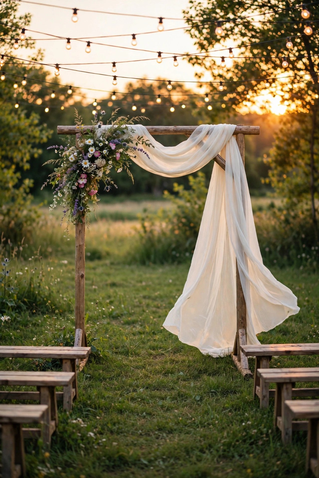 Budget outdoor wedding ceremony with a draped wooden arch, wildflowers and string lights at golden hour
