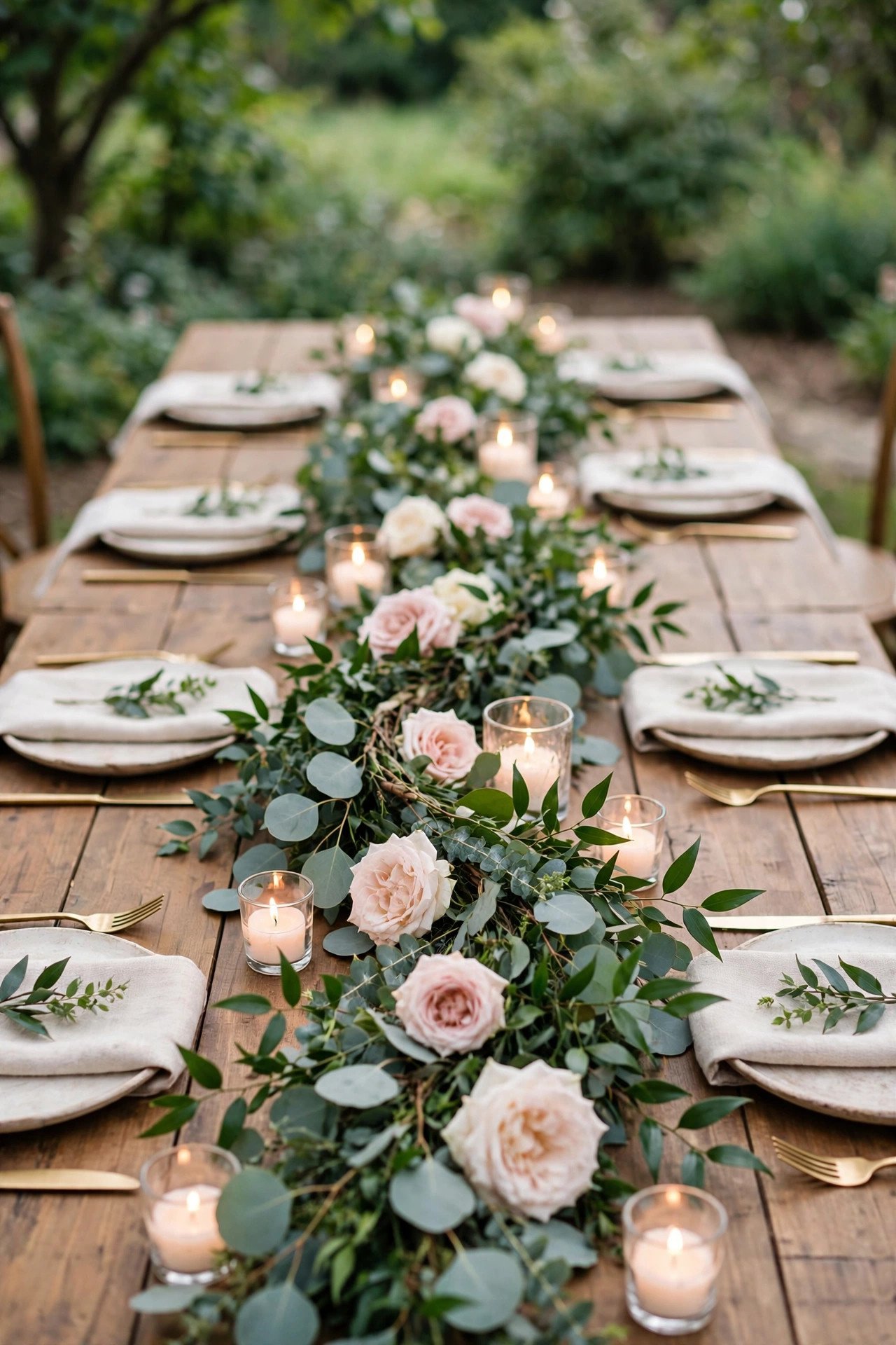 Fresh greenery garland running down a wedding reception table with candles