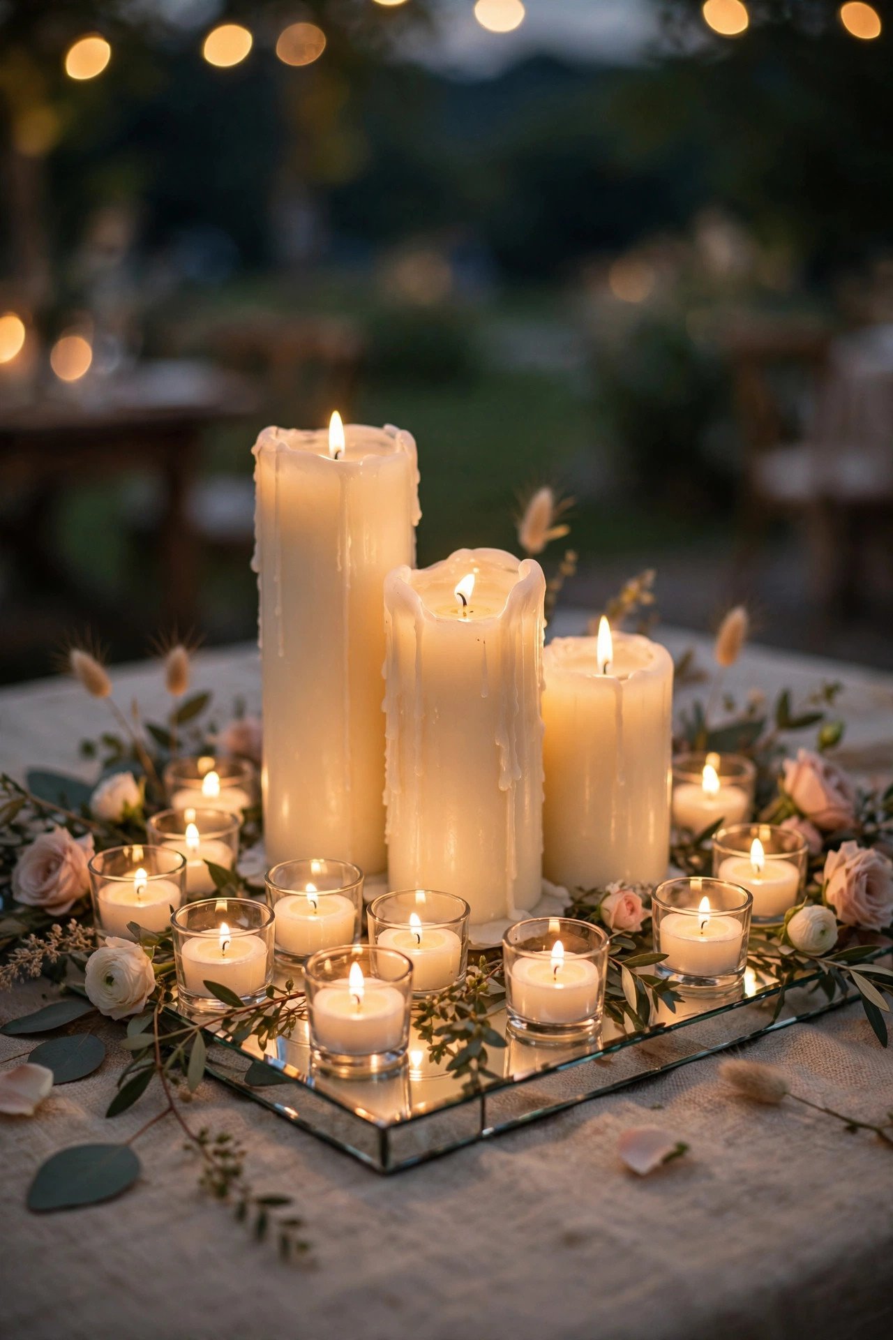 Cluster of pillar candles and tea lights as wedding table centerpiece