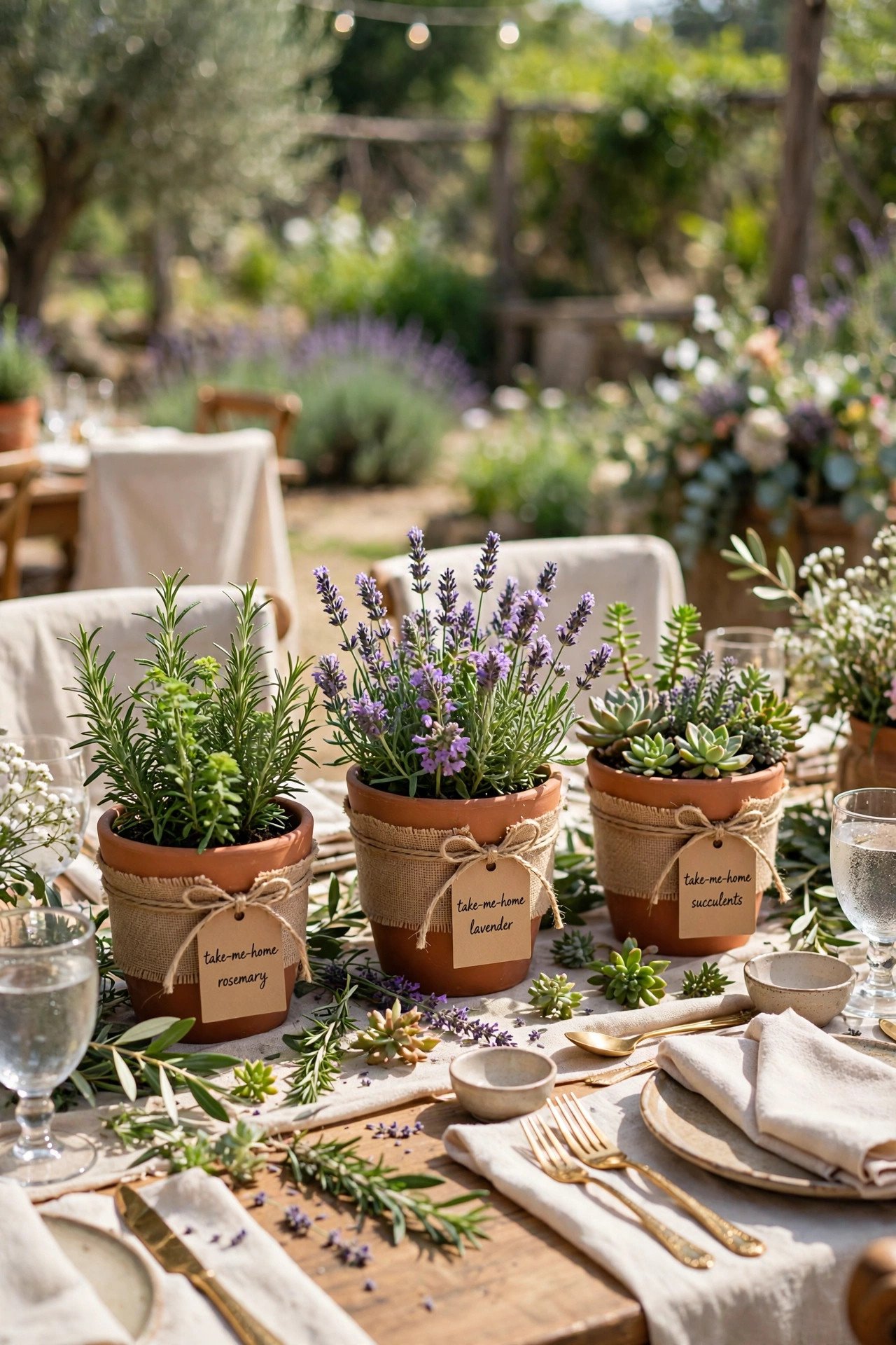 Potted plants and herbs in decorative pots as wedding centerpieces