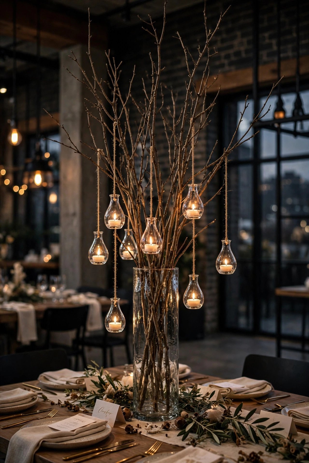 Tall decorative branches in a vase as a dramatic wedding centerpiece