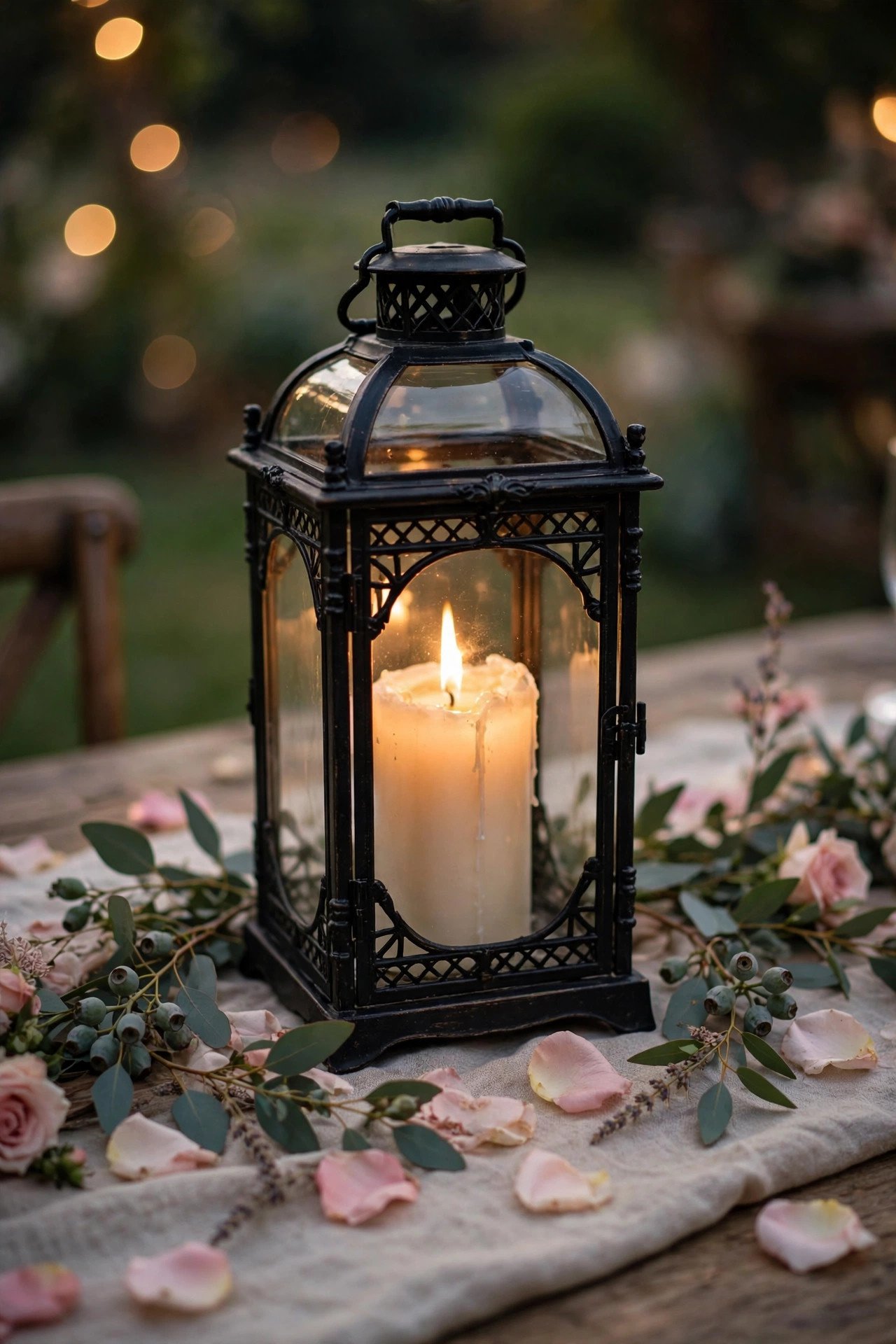 Decorative lanterns with candles as wedding table centerpieces
