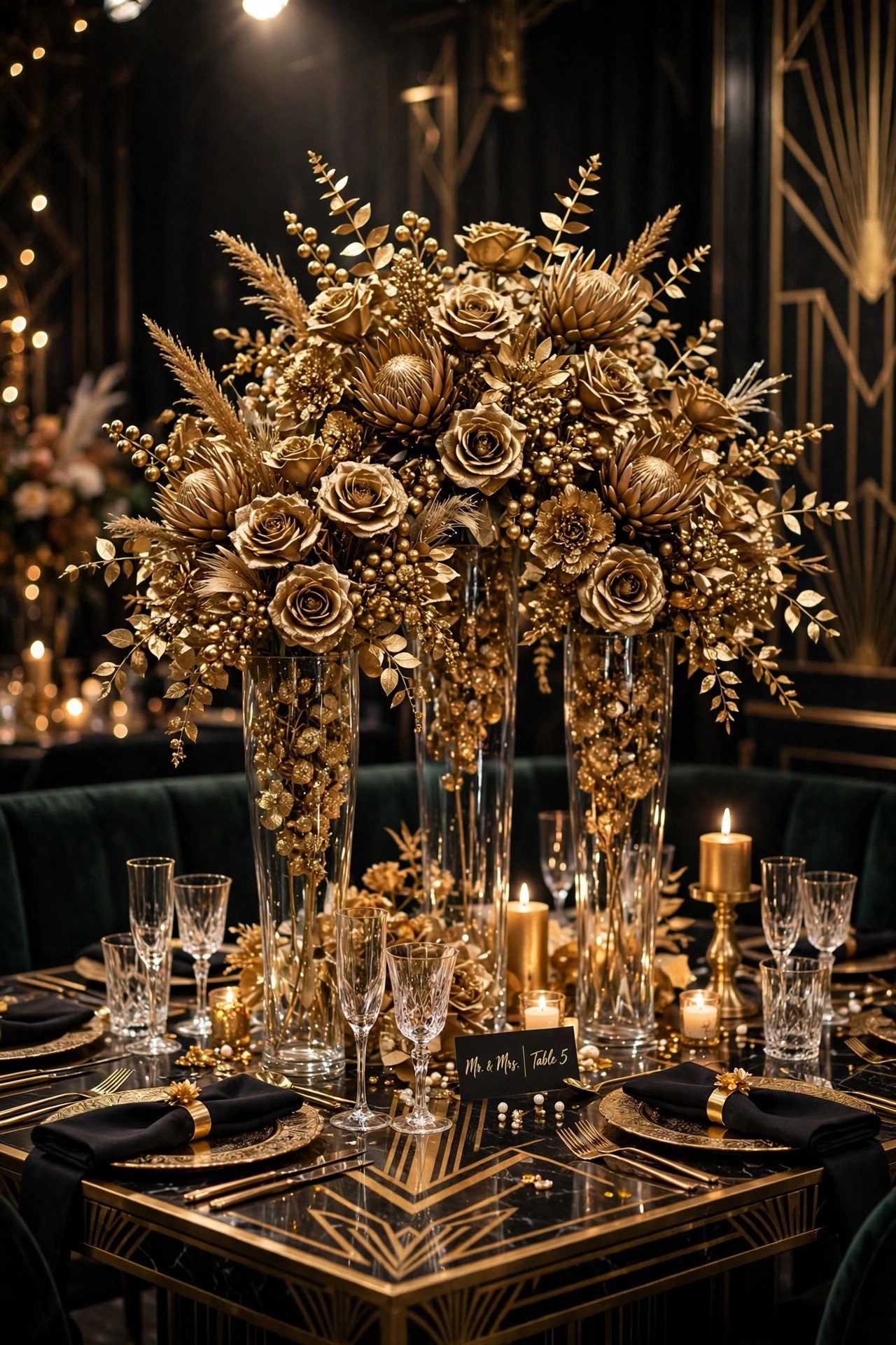 Gold spray-painted faux flowers in vases as glam wedding centerpieces
