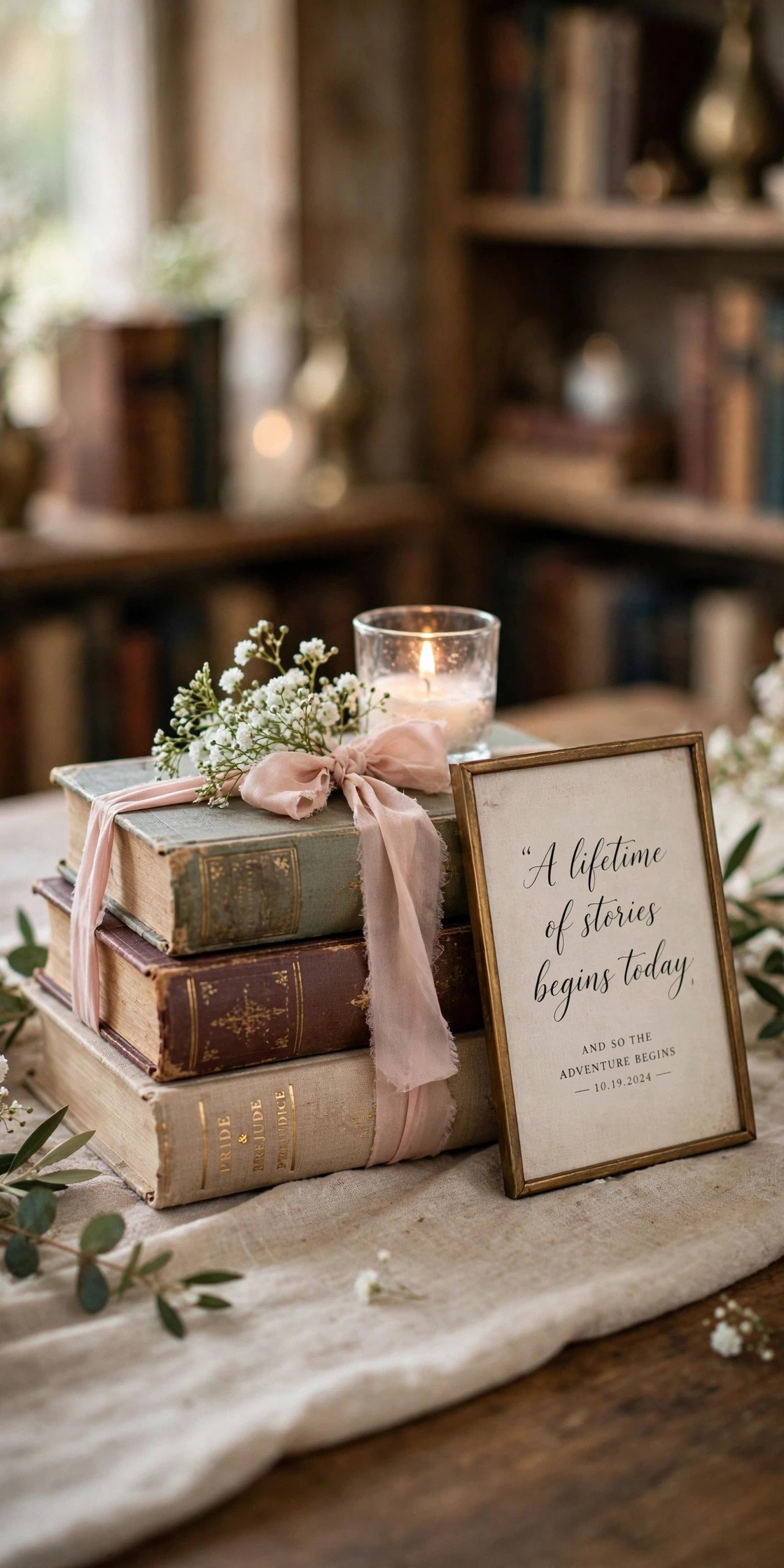Stacked vintage books with flowers and candles as wedding centerpiece