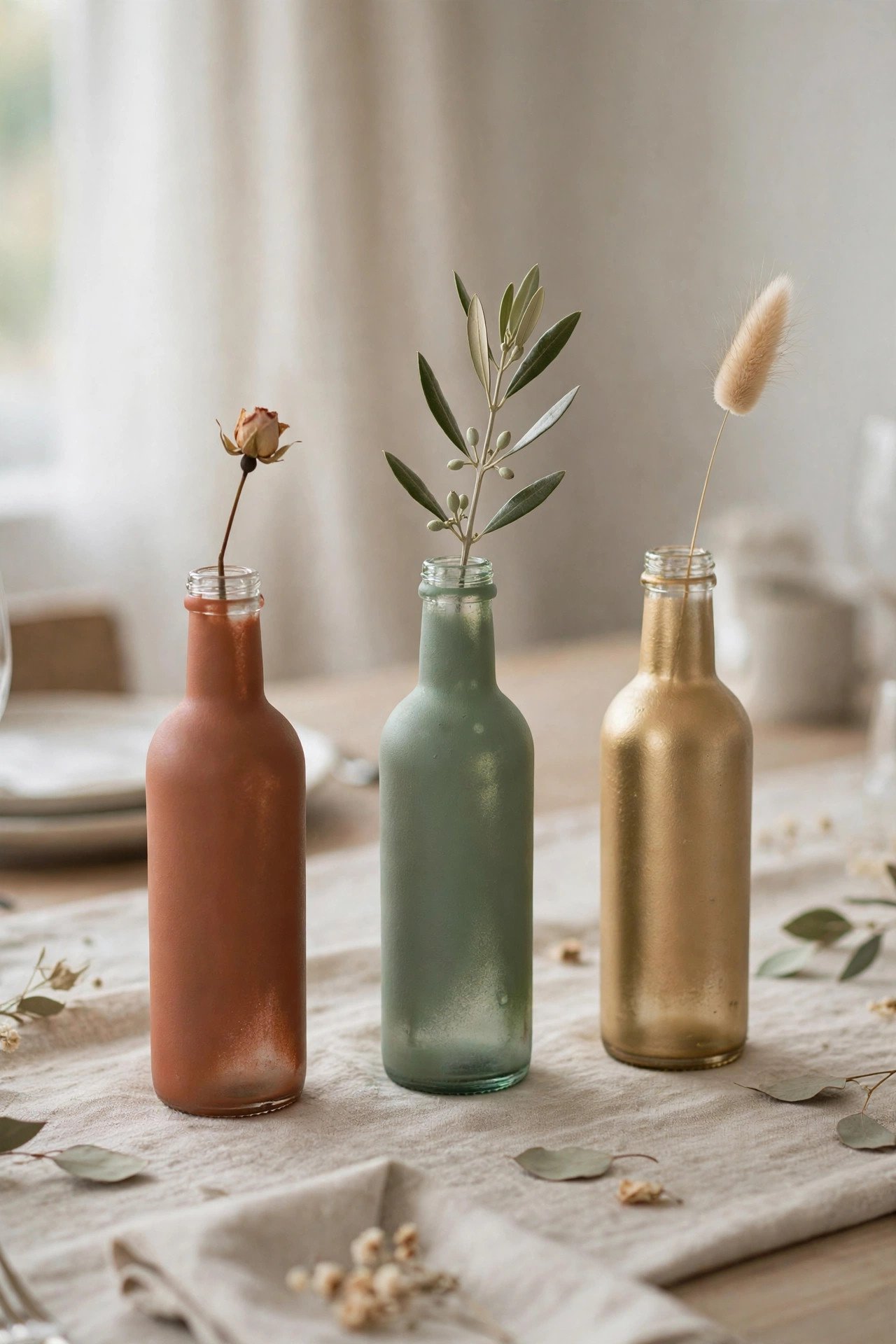 Painted glass bottles in metallic colors with single flower stems as centerpieces