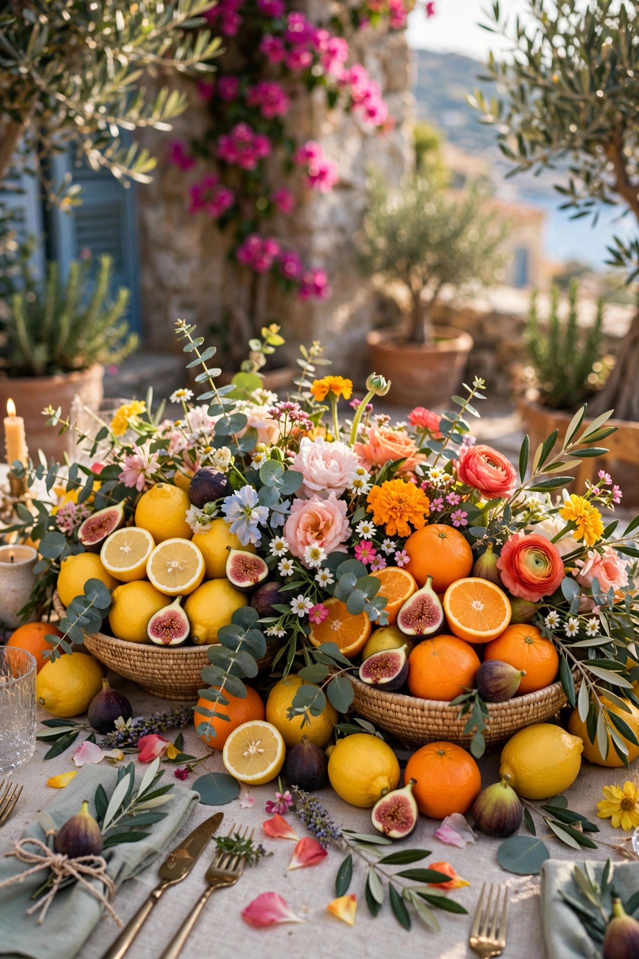 Citrus fruits lemons and oranges styled as wedding table centerpieces with flowers