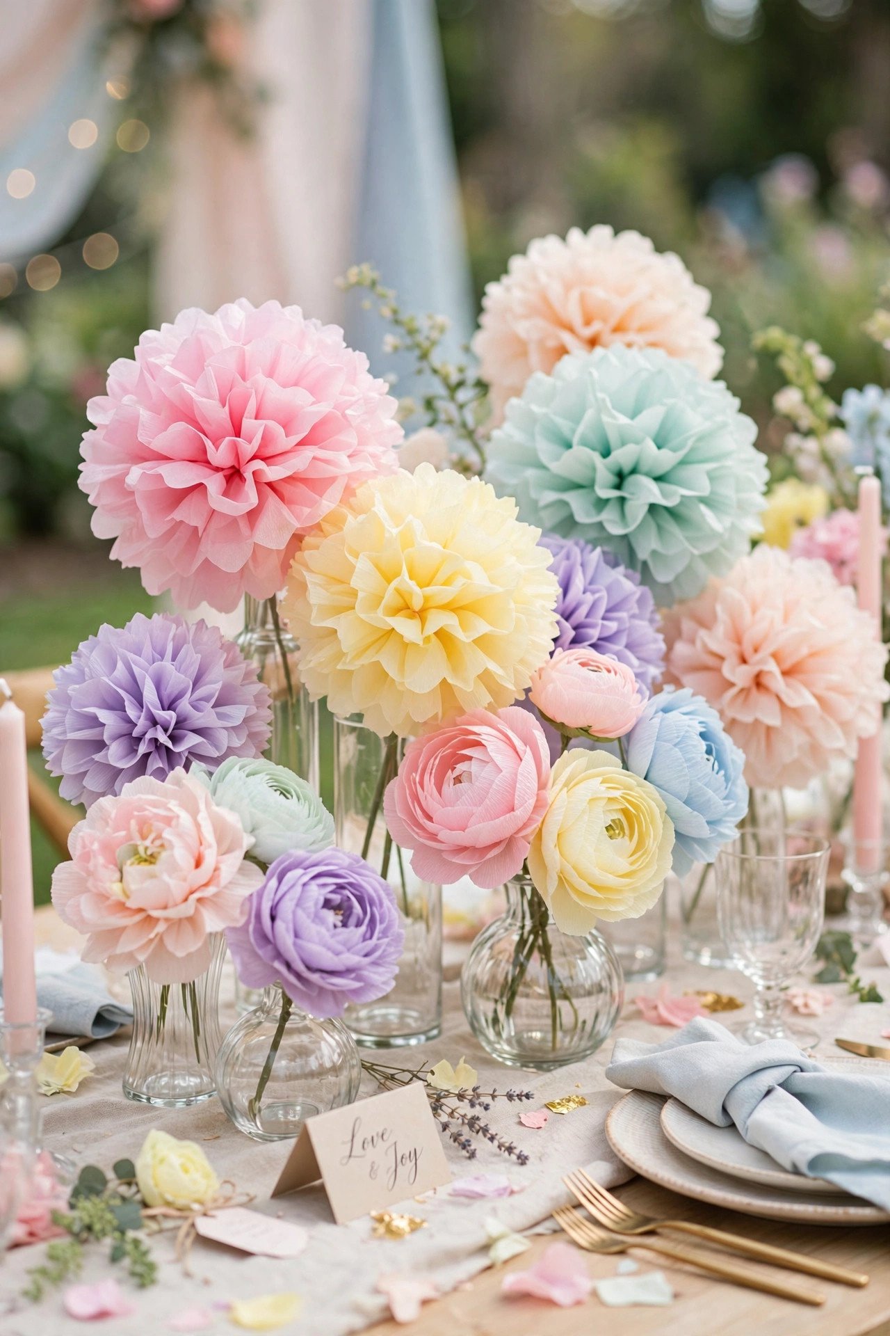 Colorful paper flowers and tissue pom-poms as wedding table centerpieces