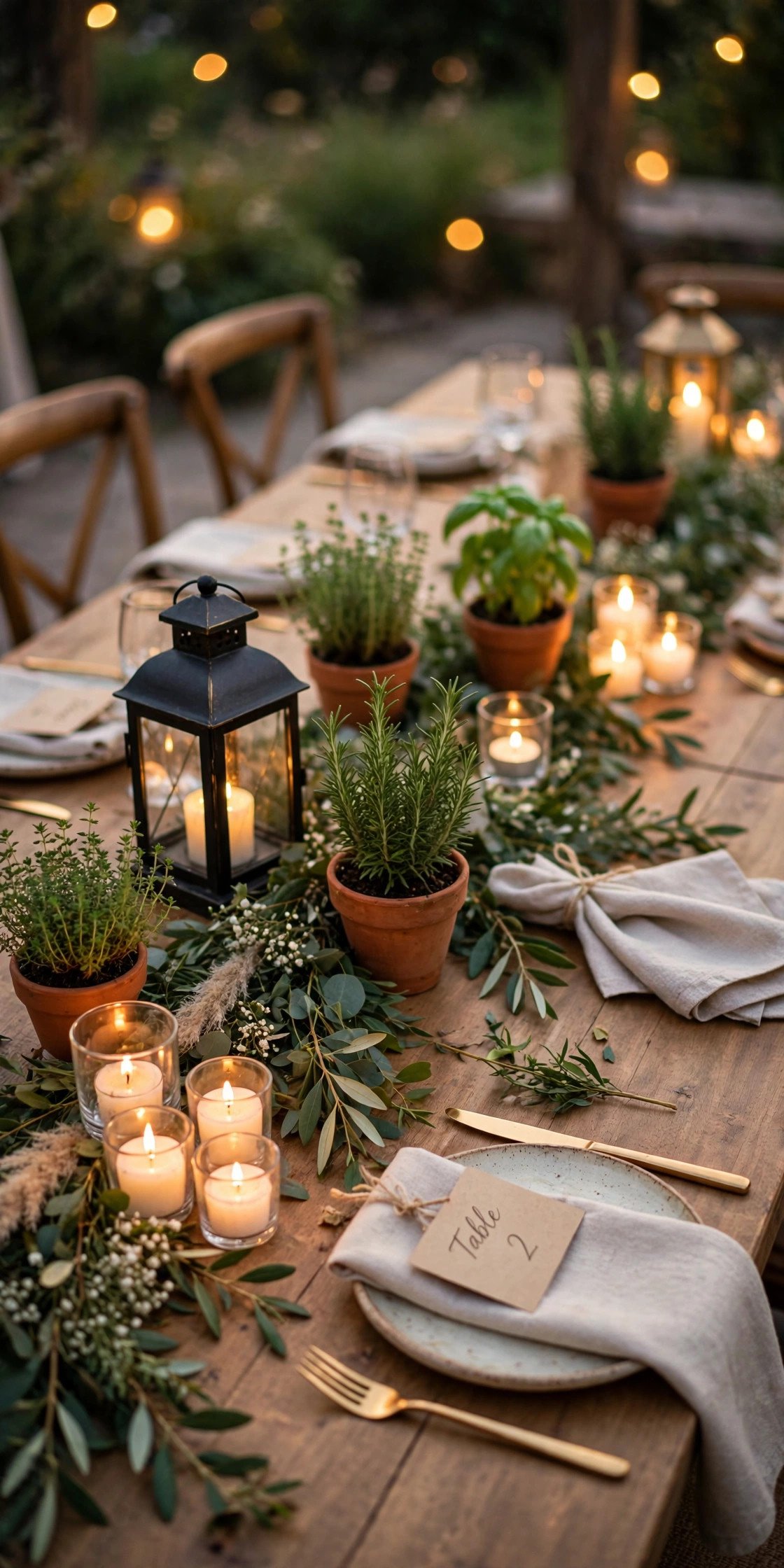 Budget wedding table centerpieces with candles greenery and lanterns