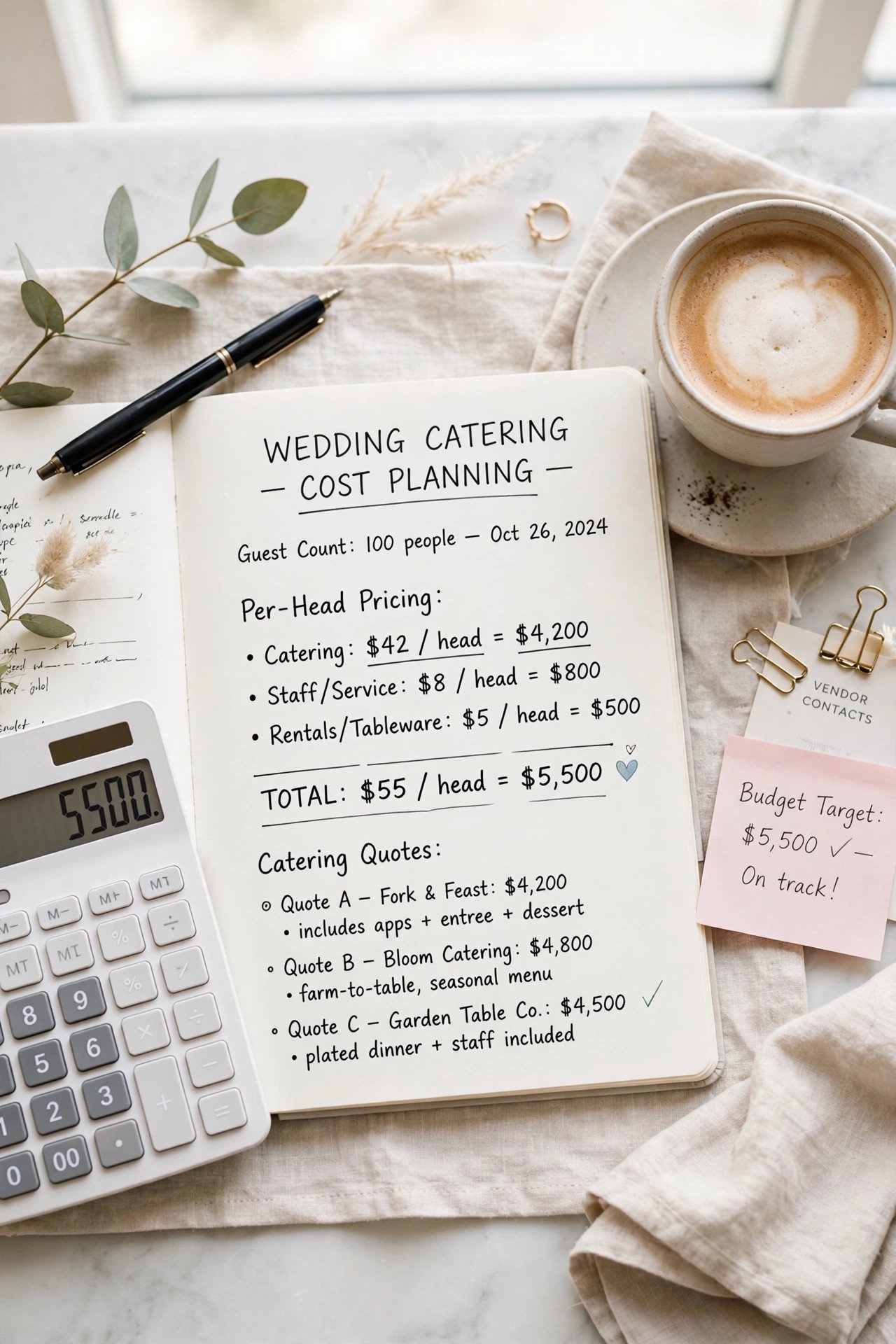 Wedding catering cost calculation with per head pricing breakdown