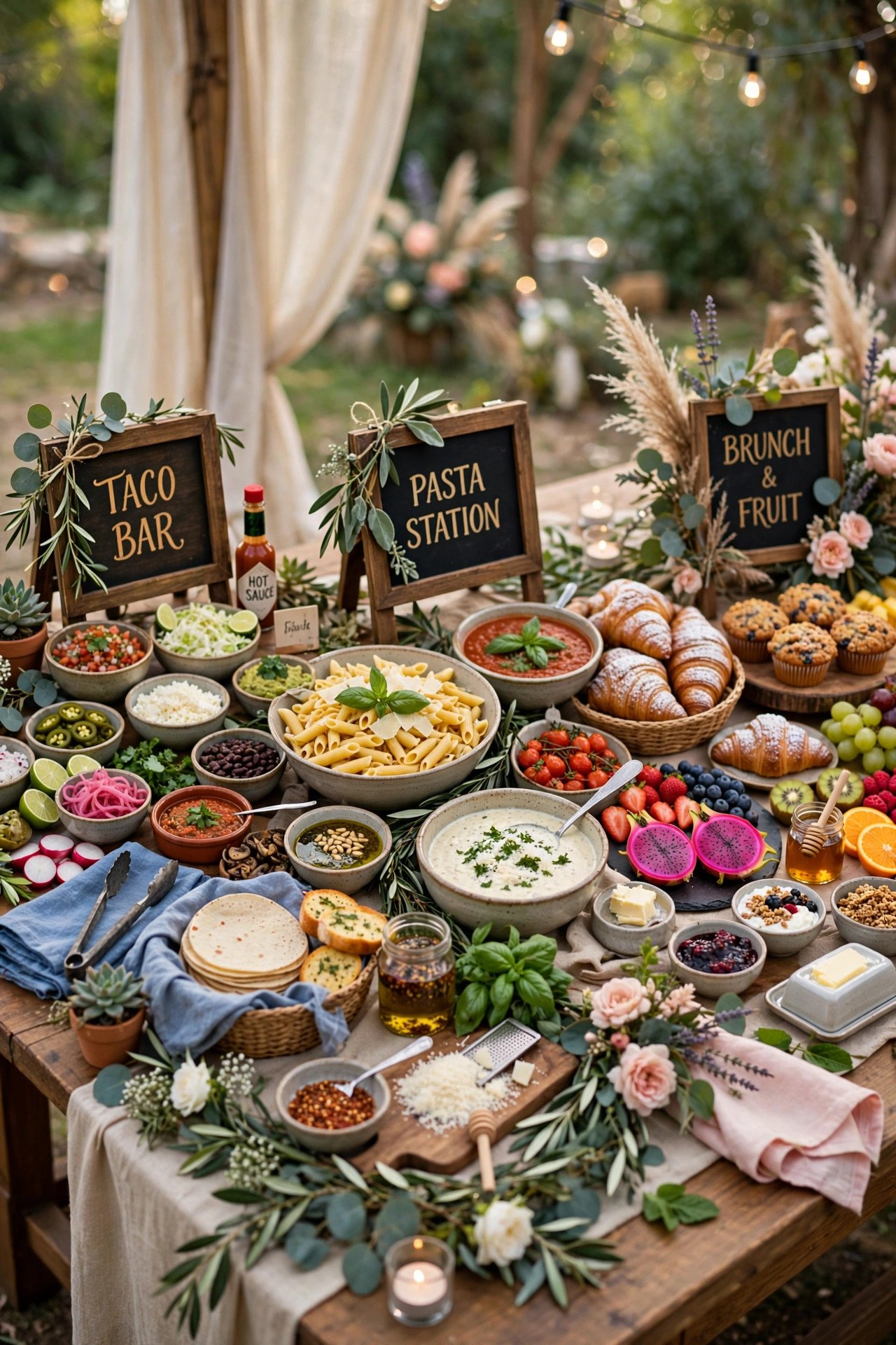 Three affordable wedding menu spreads taco pasta and brunch displayed beautifully