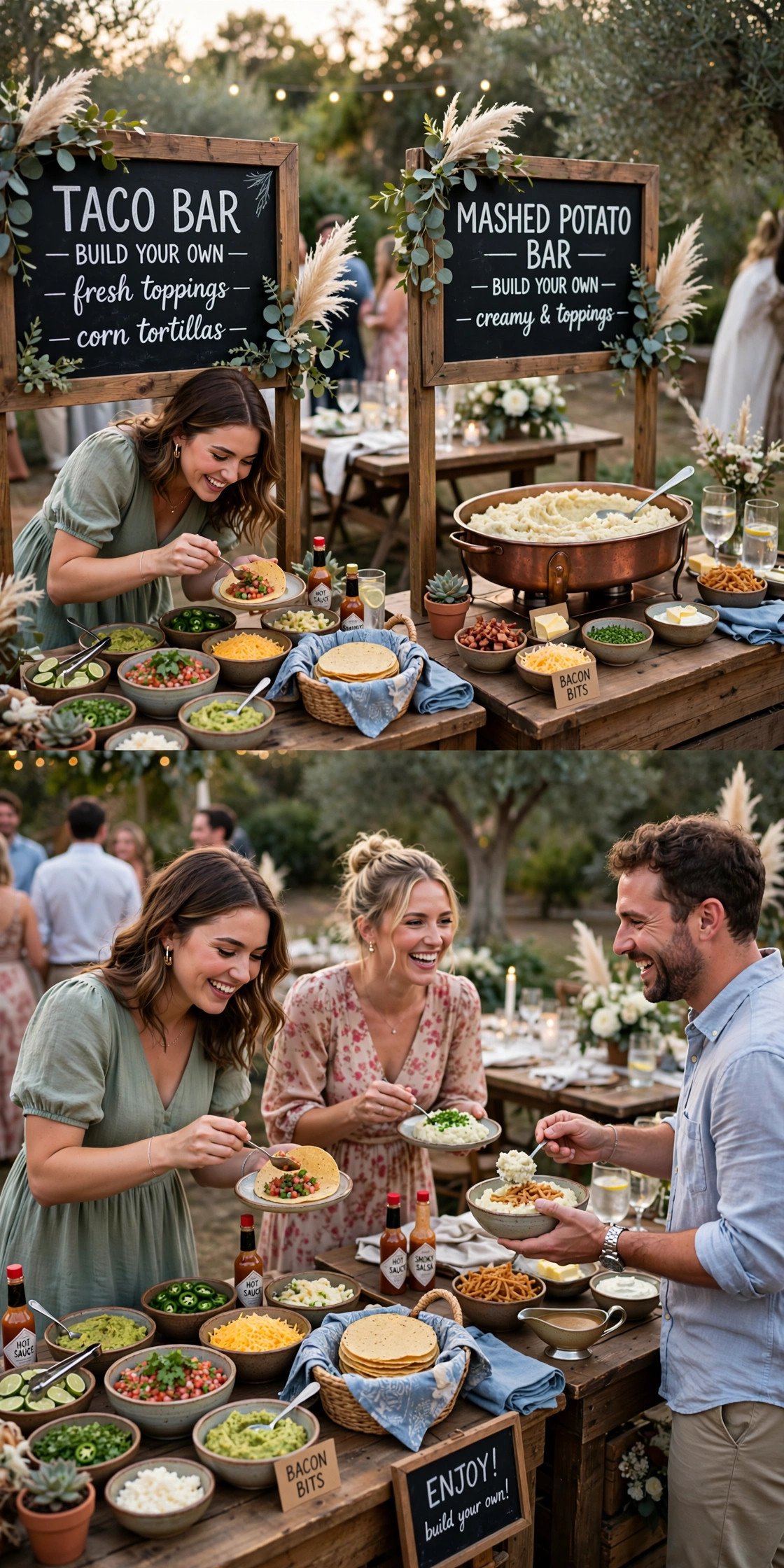 DIY wedding food stations with build your own taco and pasta bars
